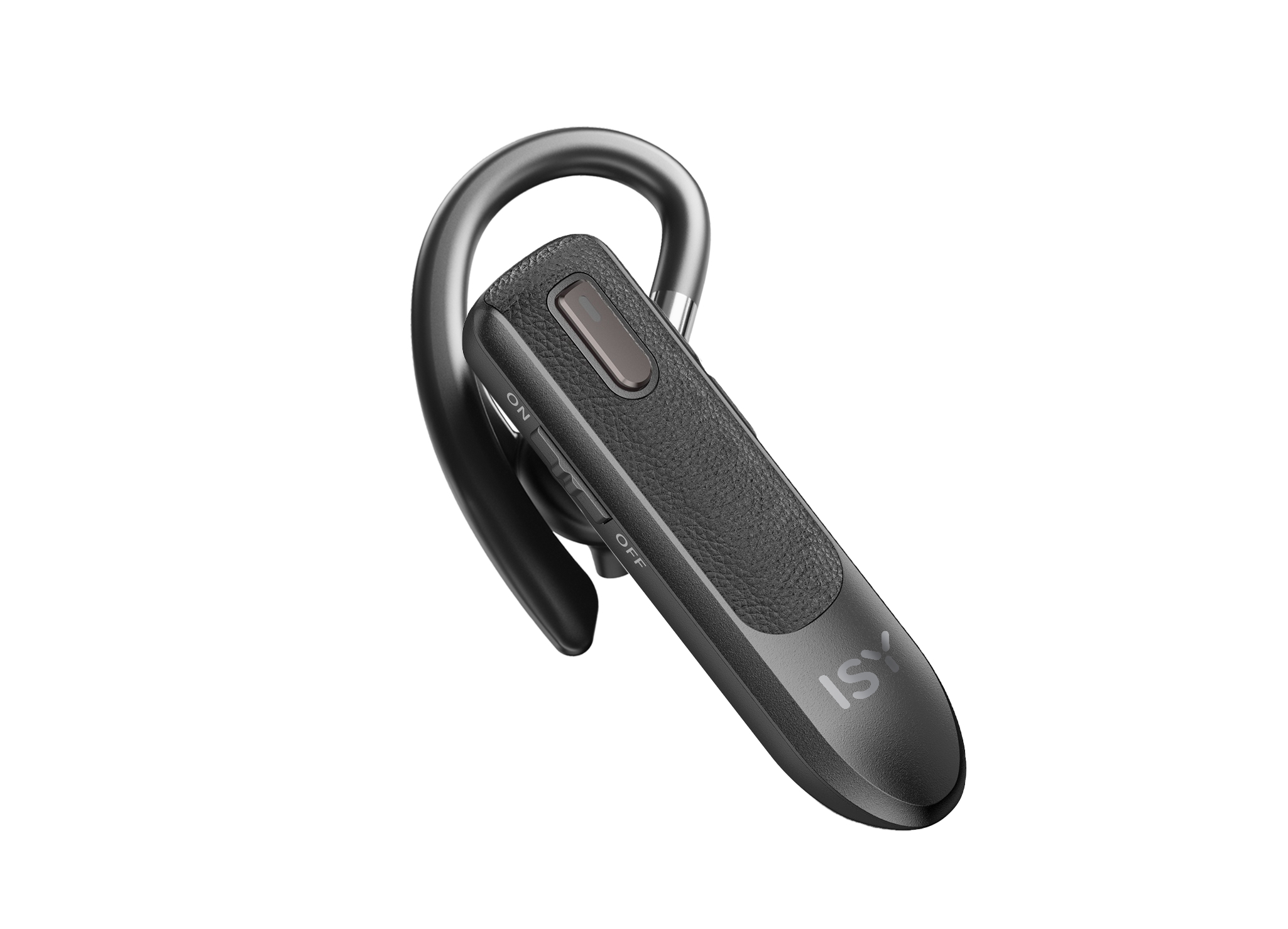 Ein schwarzes ISY Bluetooth-Headset vor weißem Hintergrund.