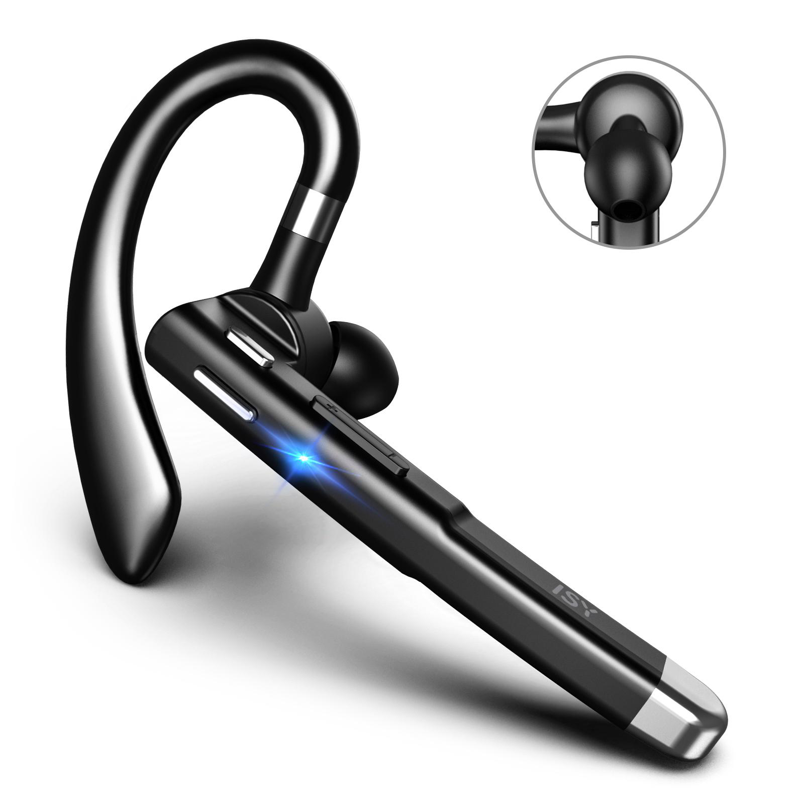 Schwarzes drahtloses Bluetooth-Headset mit Ohrbügel und Nahaufnahme des Ohrhörers.