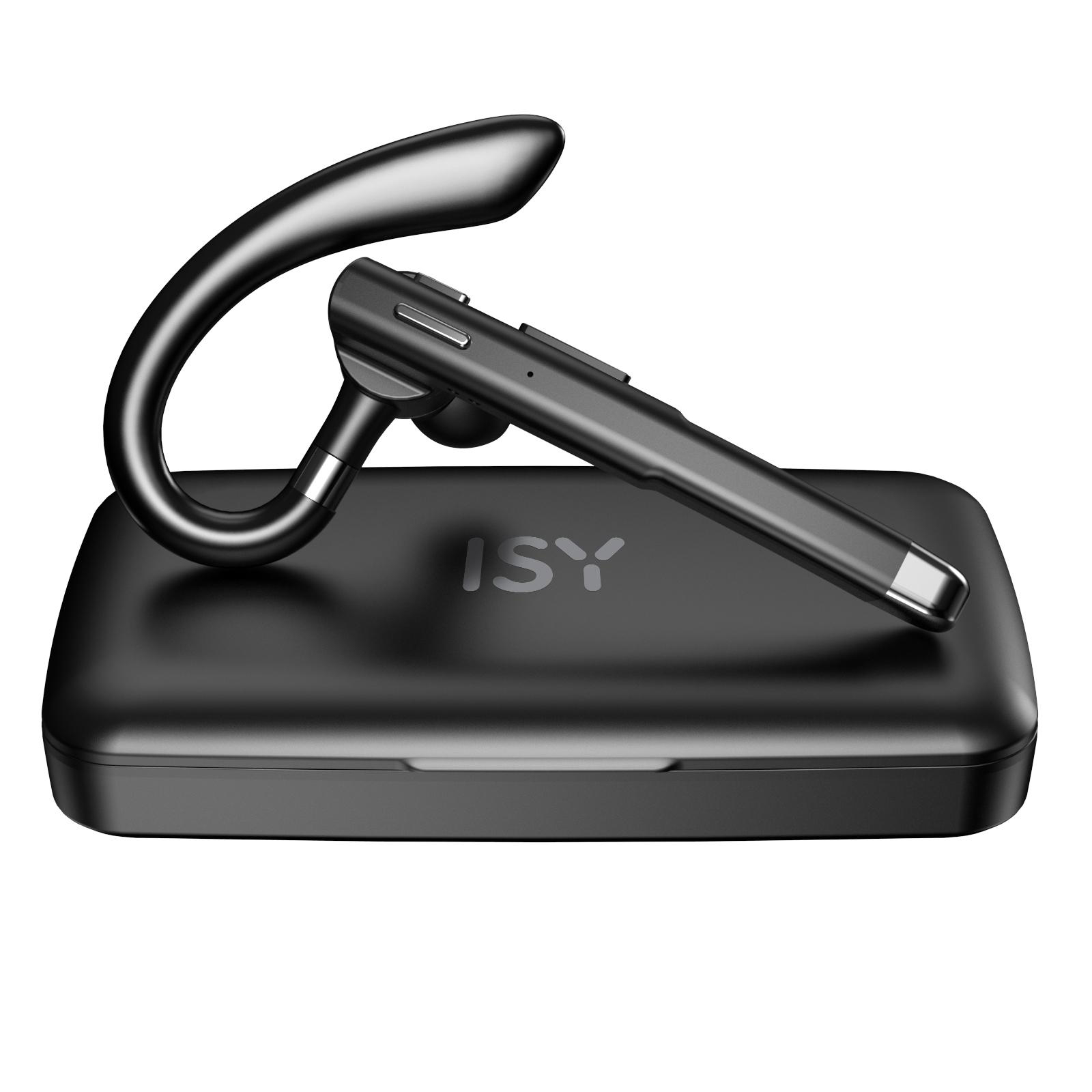 Schwarzes Bluetooth-Headset mit Ladestation. Es ist mit der Marke ISY beschriftet.