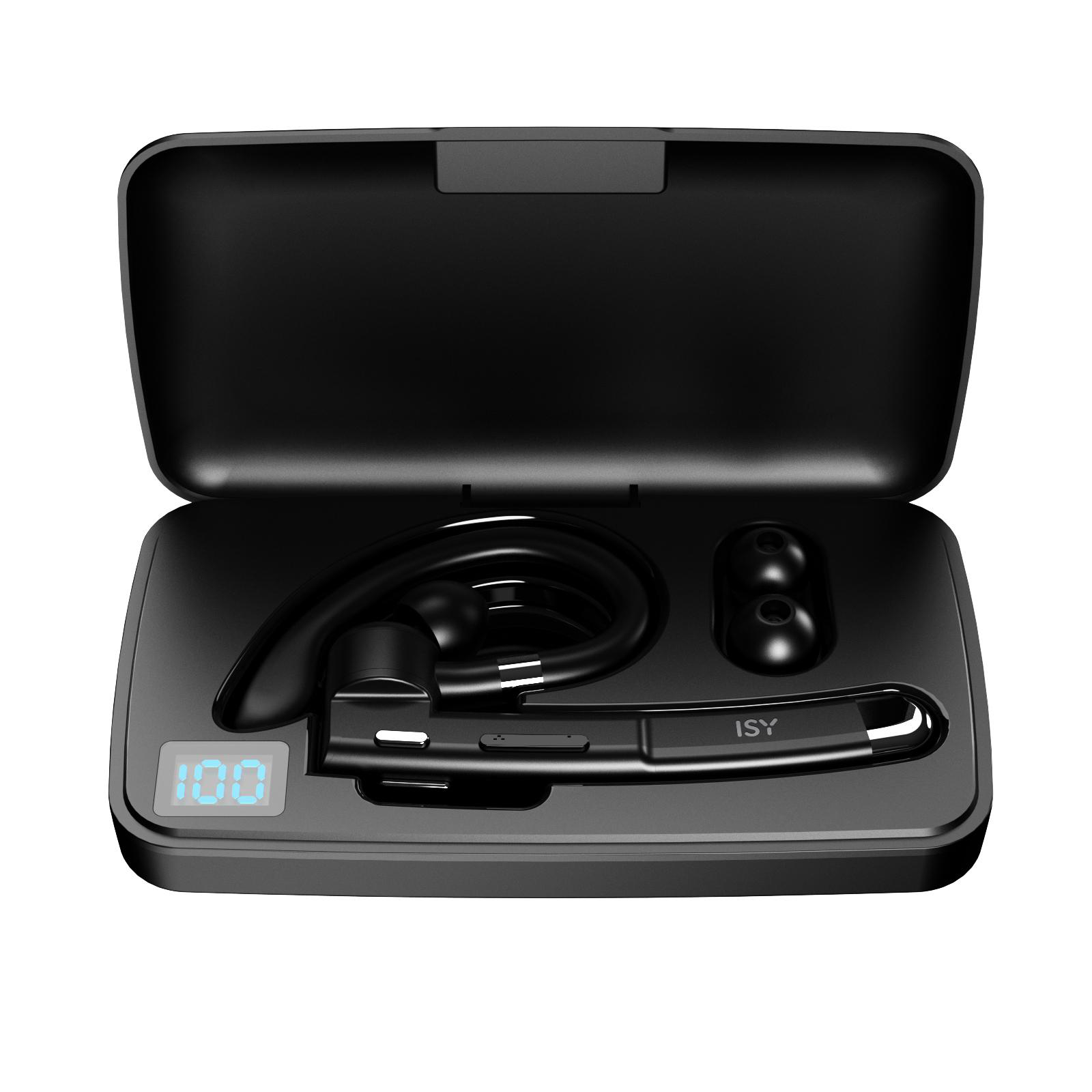 Schwarzes Ladecase, ein Headset und zwei Ohrstöpsel sind innen.
