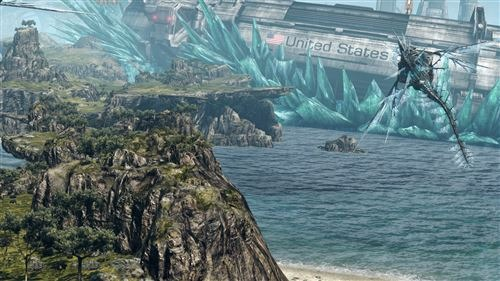 Kustlandschap met een groot schip, ijsformaties en rotsachtige kliffen. Op de zijkant van het schip staat "United States".