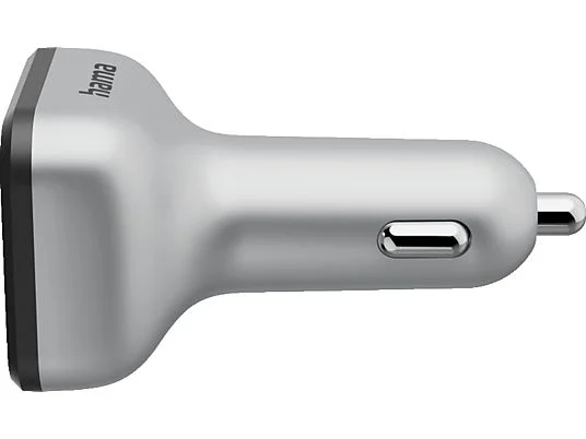 Srebrna ładowarka samochodowa Hama z portem USB na białym tle, ujęcie z profilu.