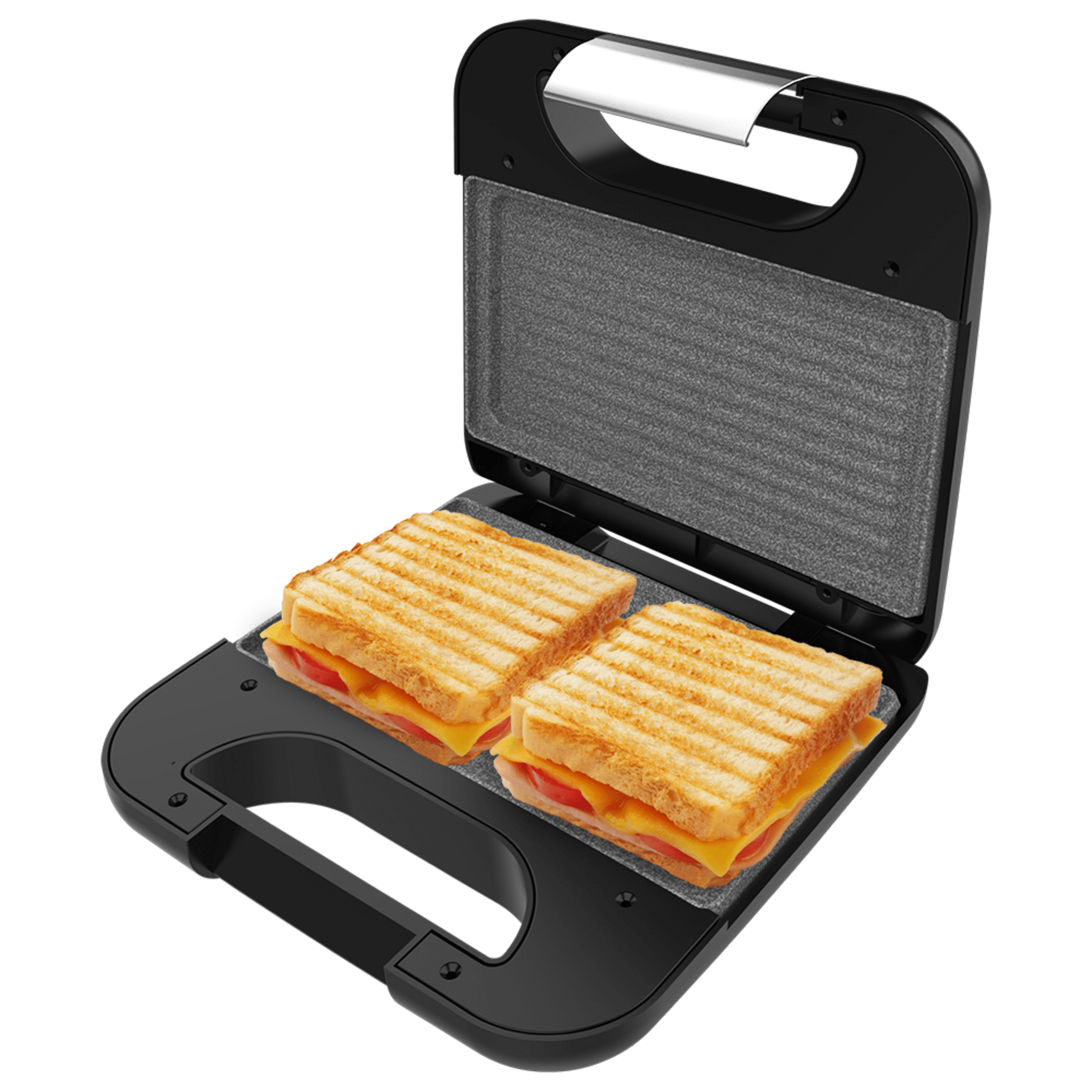 Una sandwichera negra con dos sándwiches dentro. Los sándwiches tienen queso y tomate. La máquina está abierta.