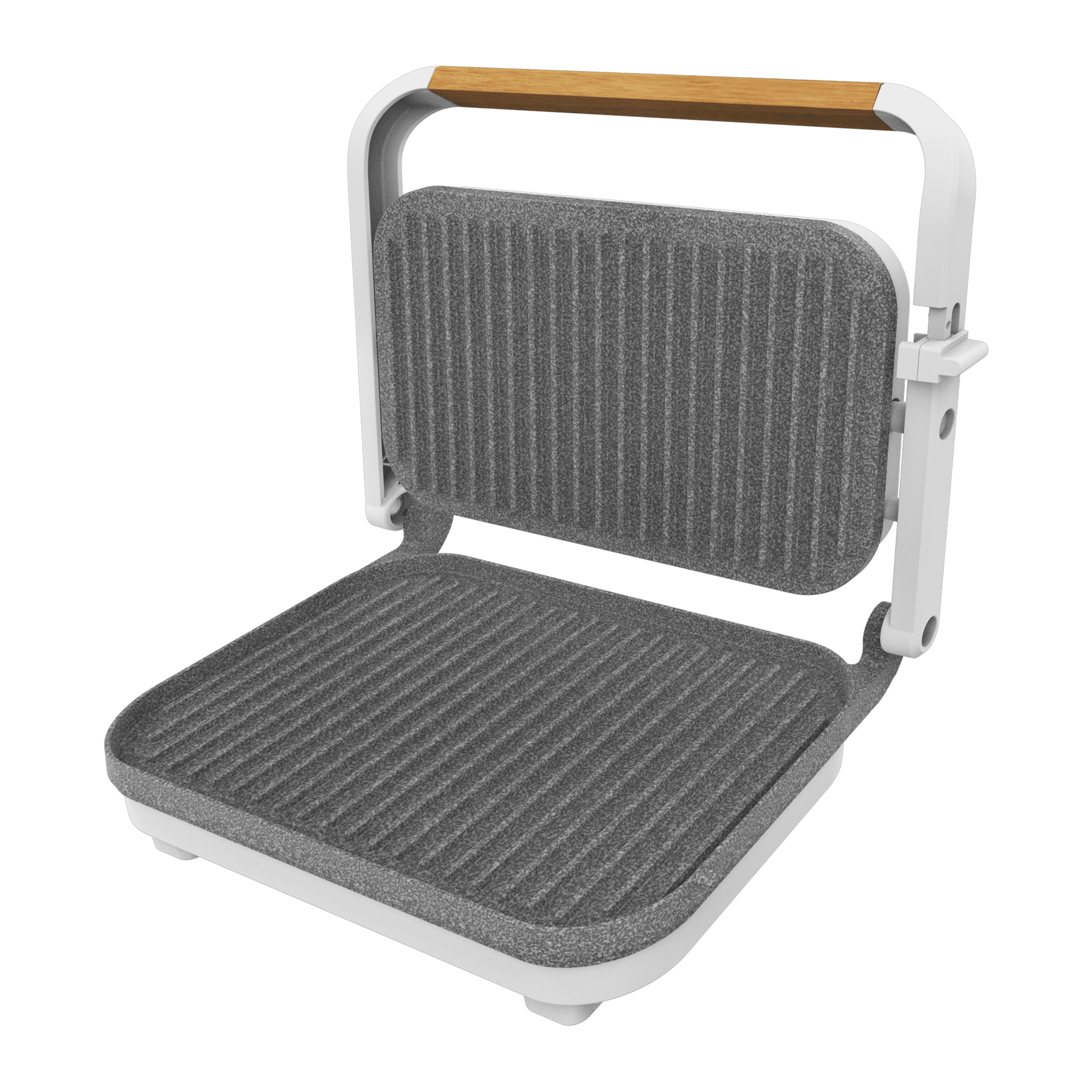 Una plancha panini gris abierta con un mango de madera, sobre un fondo negro.