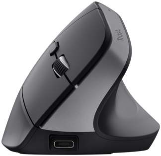 Függőleges ergonomikus egér, sötétszürke, görgetőkerékkel és USB-porttal.