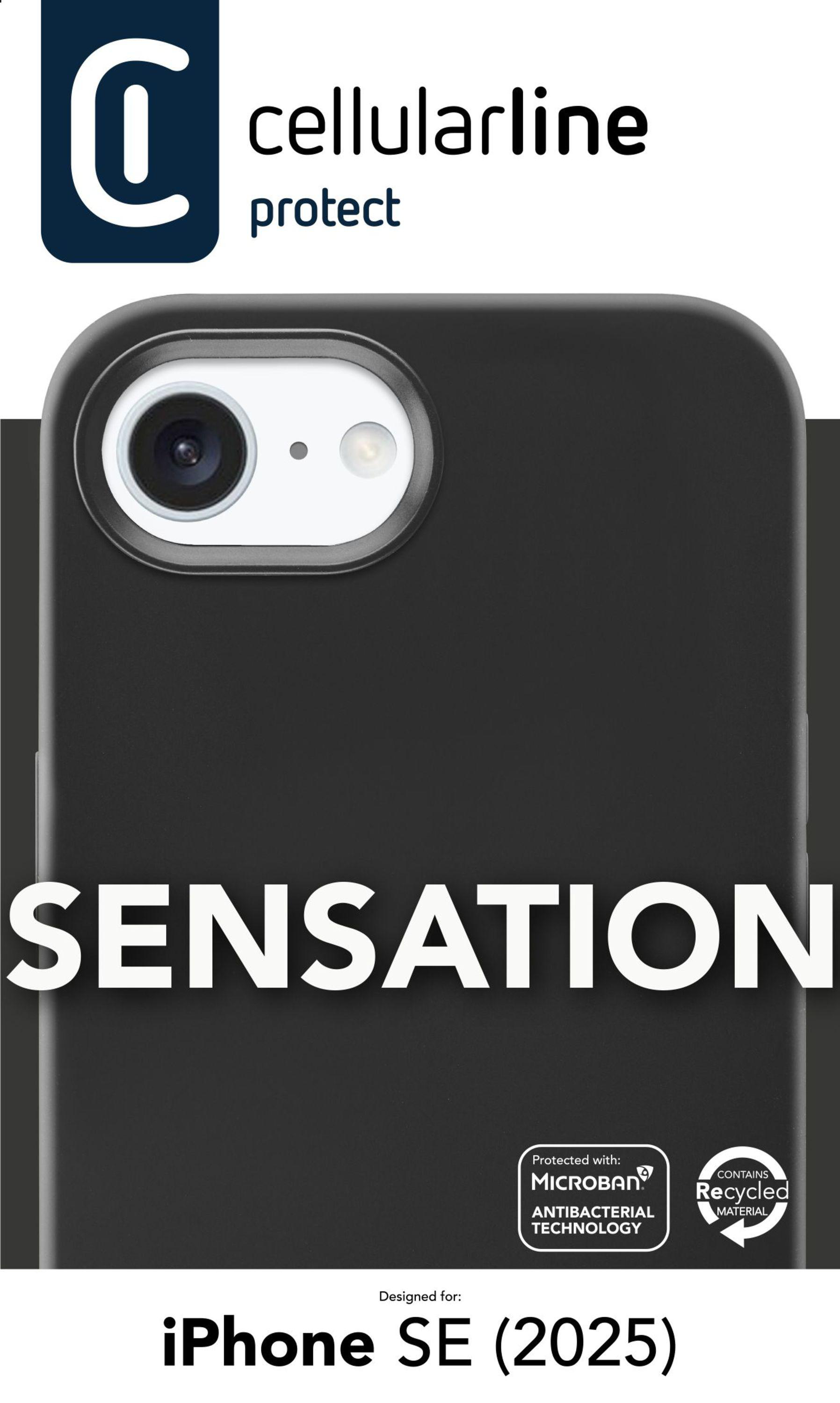 Eine schwarze iPhone SE (2025) Hülle mit Text und Logos auf weißem Grund.