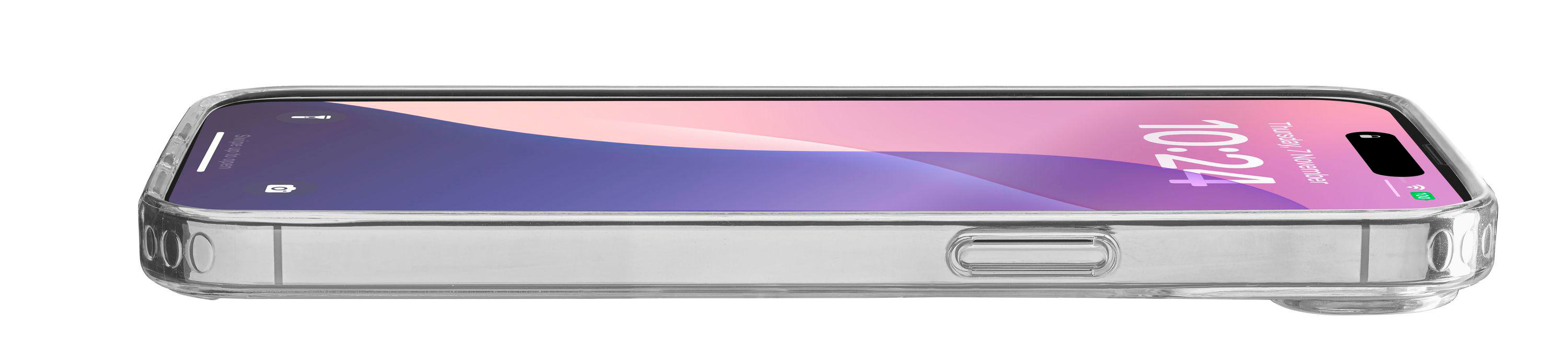 Transparente Handyhülle auf einem Telefon. Der Bildschirm zeigt die Uhrzeit.