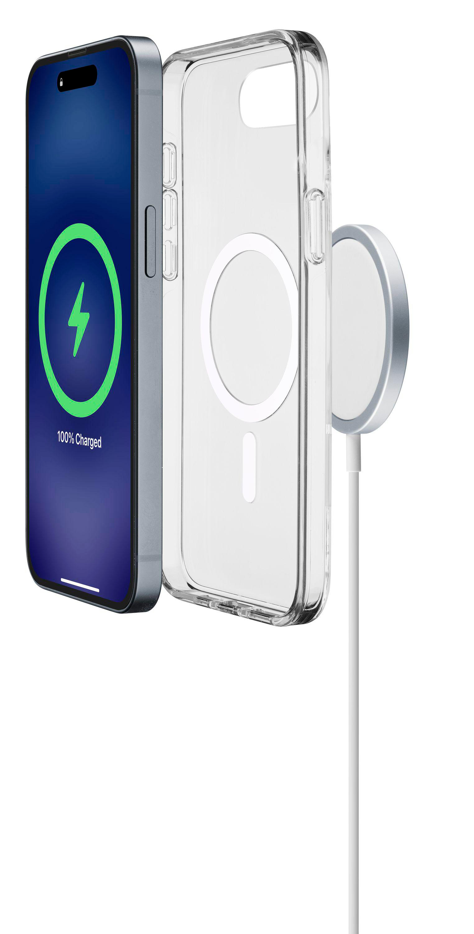 iPhone mit Ladehülle und MagSafe-Ladegerät, weißer Hintergrund.