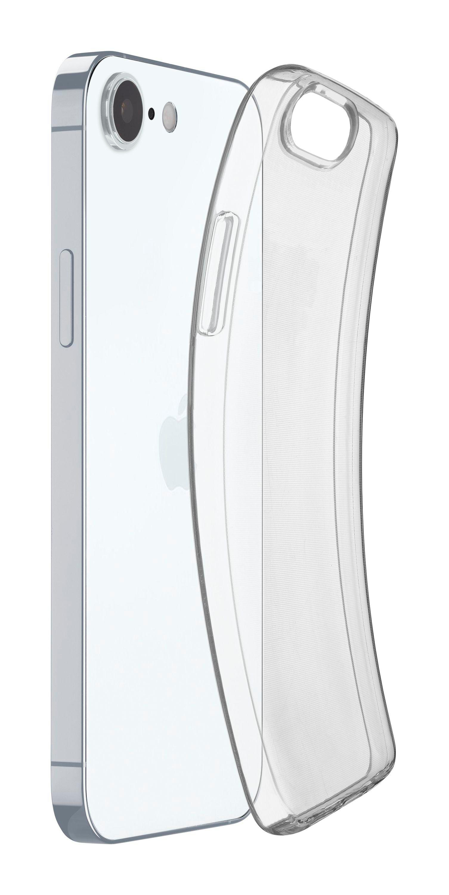 Transparente Handyhülle neben einem Telefon. Weißer Hintergrund.