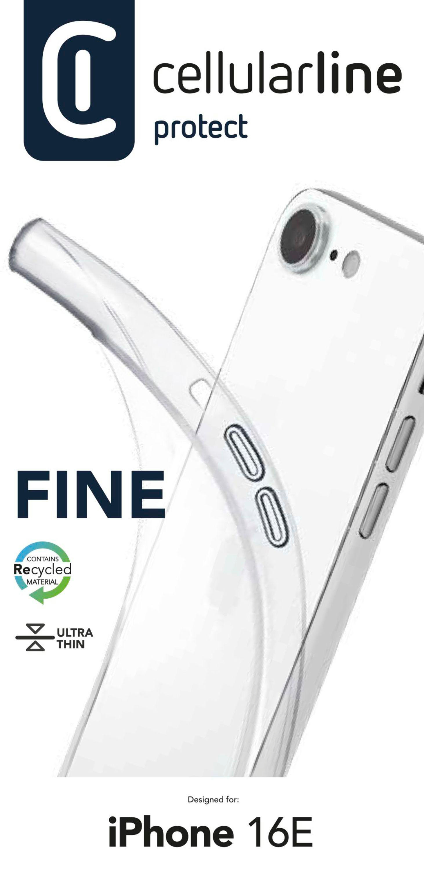 Transparente Handyhülle mit Markennamen und Handy-Umriss, entworfen für iPhone 16E.