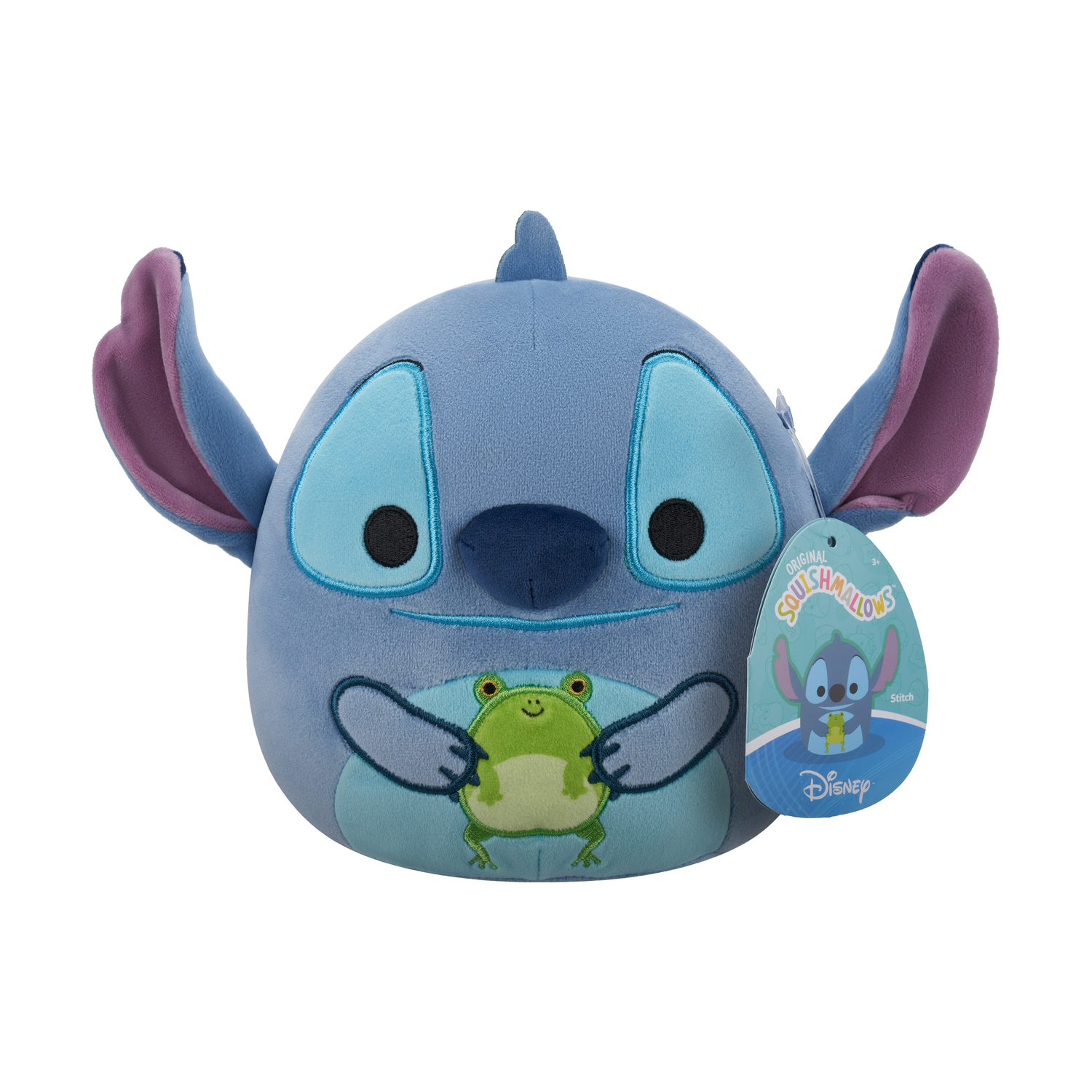 Peluche blu di Stitch di Disney, con un'etichetta con Stitch e un'immagine di rana.
