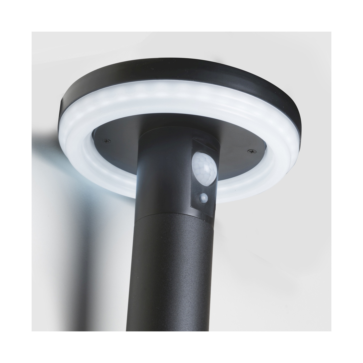Lampada da esterno nera con anello luminoso bianco e sensore di movimento.