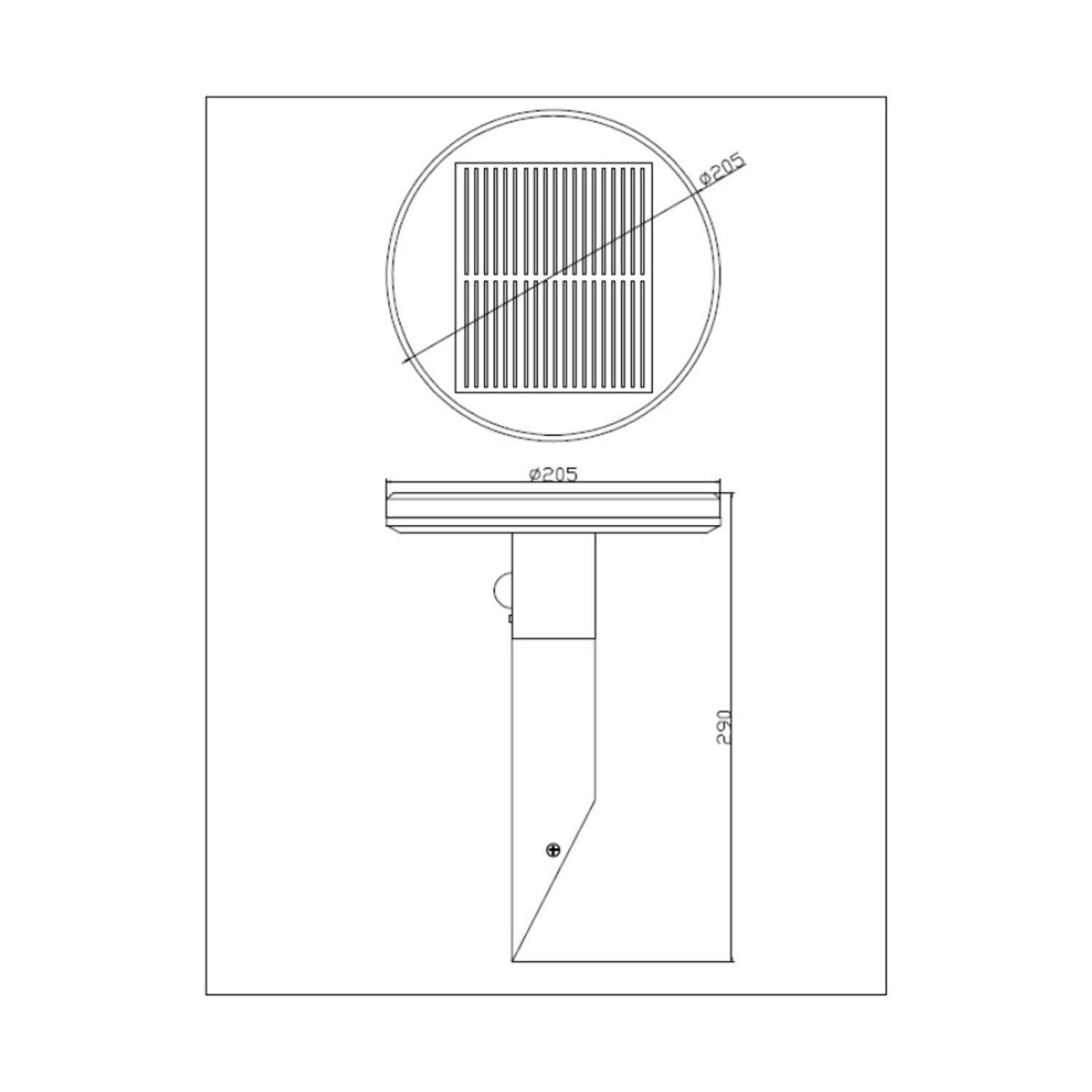 Disegno tecnico di una luce solare rotonda da giardino. Mostra viste dall'alto e laterali con misure.