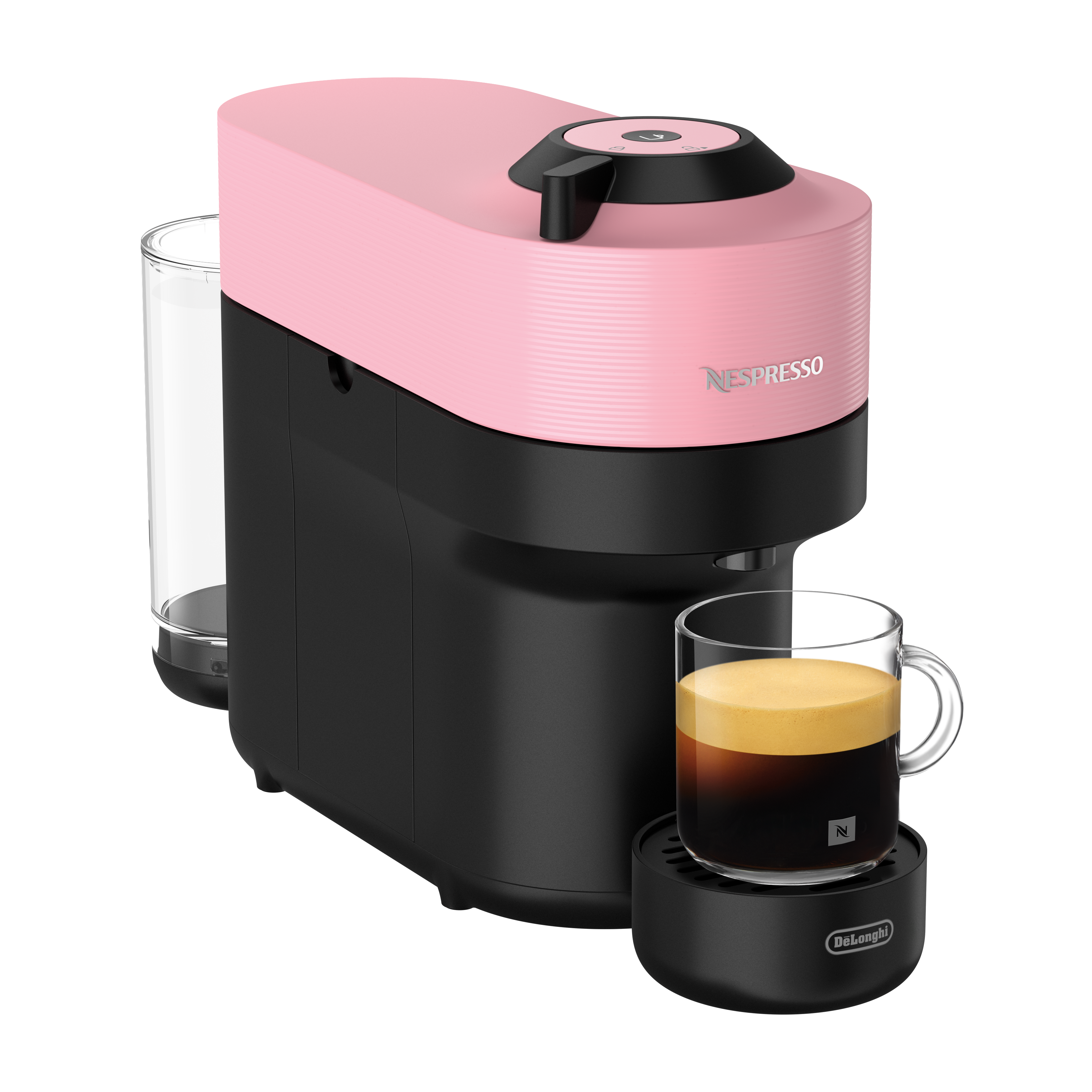 Rosa-schwarze Nespresso-Kaffeemaschine mit einem Glas Kaffee auf einem schwarzen Ständer.