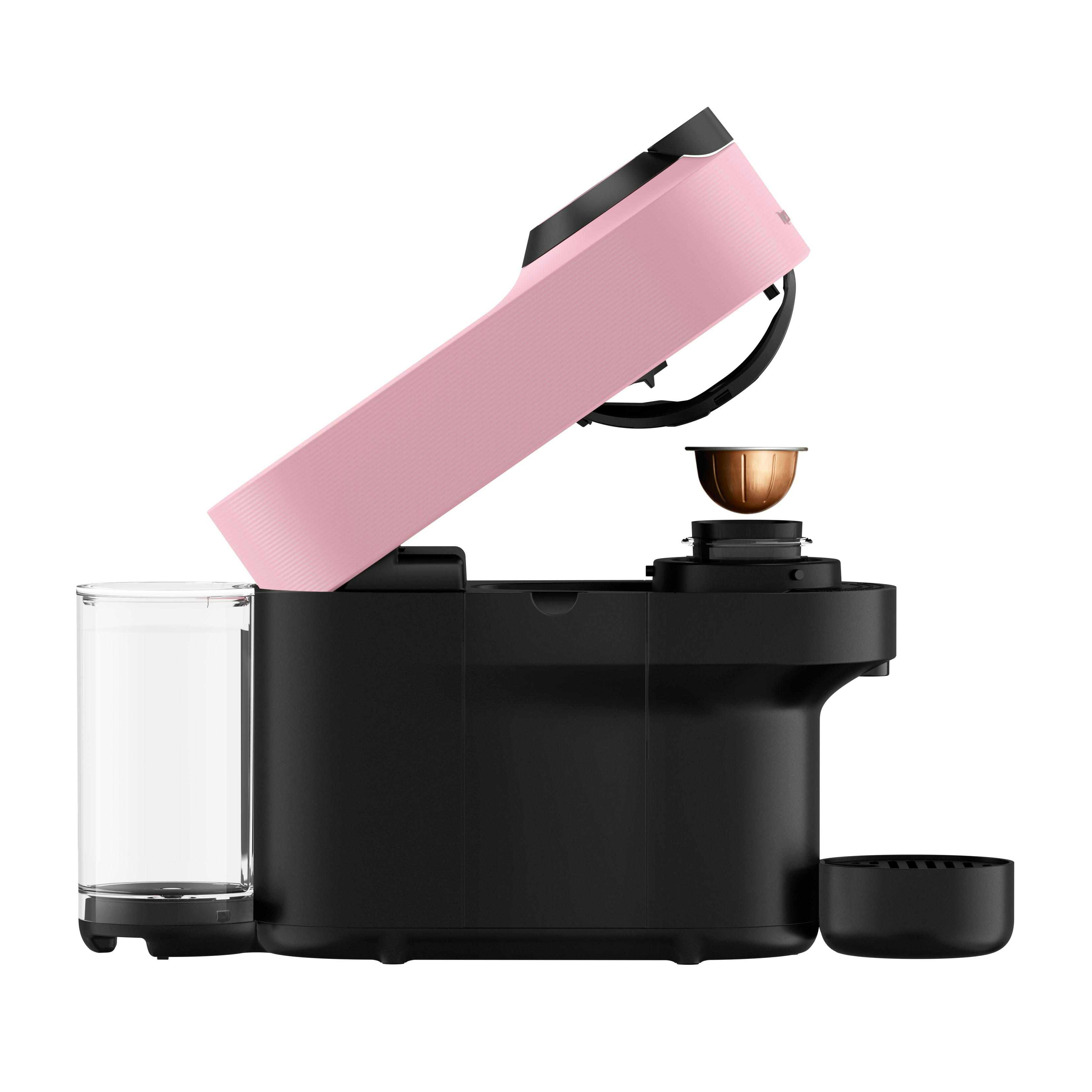 Rosa-schwarze Kaffeemaschine mit Tasse und Wasserbehälter.