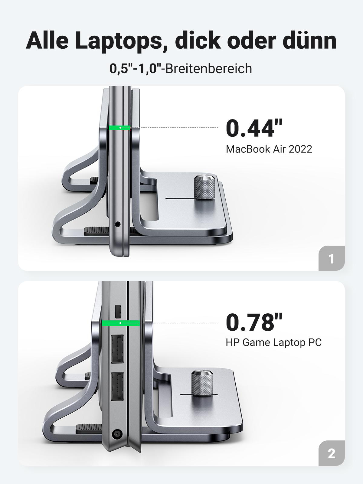Laptopständer mit zwei Laptops, mit Maßen zum Dickenvergleich.