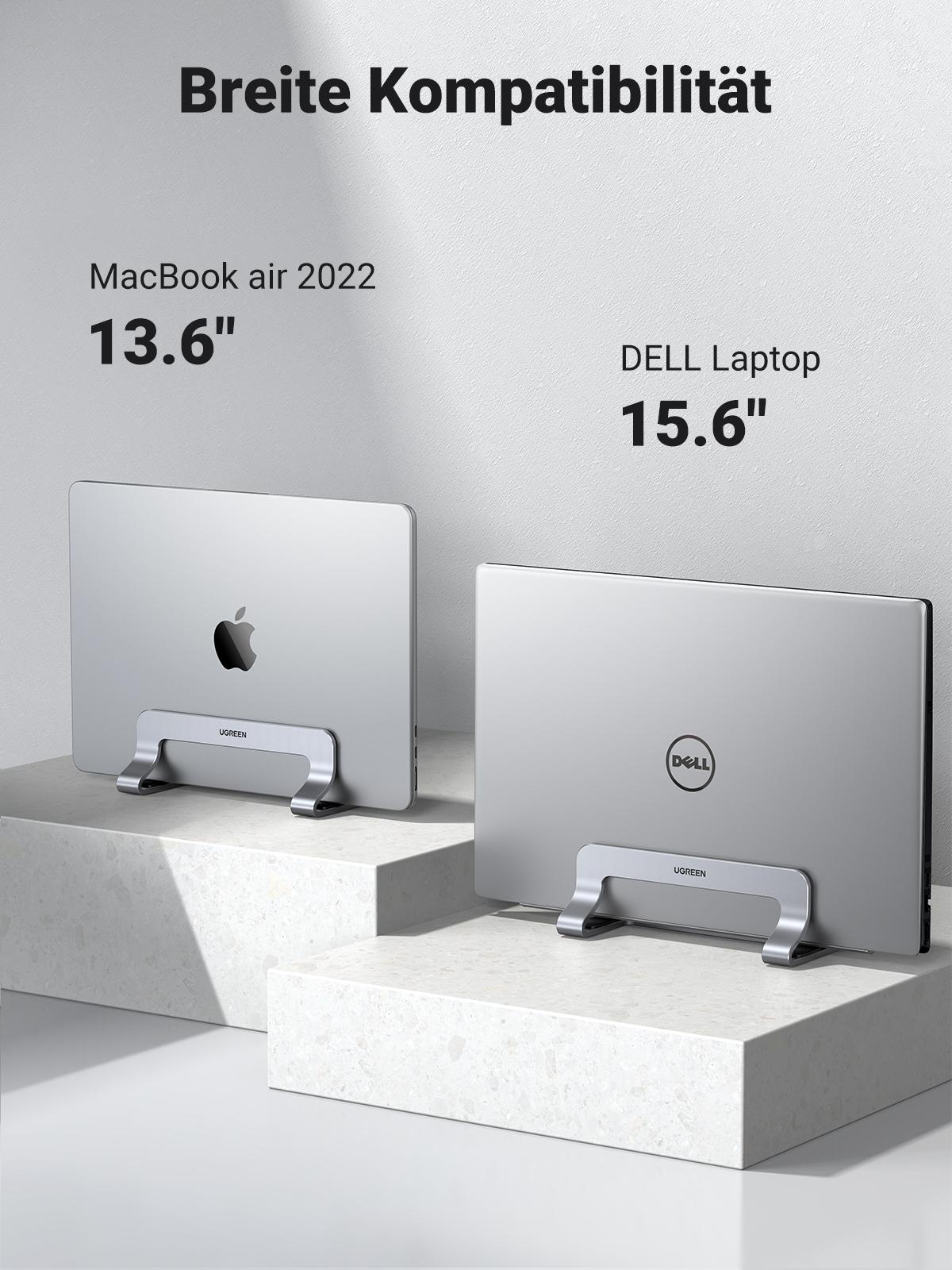 Silberne Laptop-Ständer, die ein MacBook Air 2022 und einen DELL-Laptop halten.