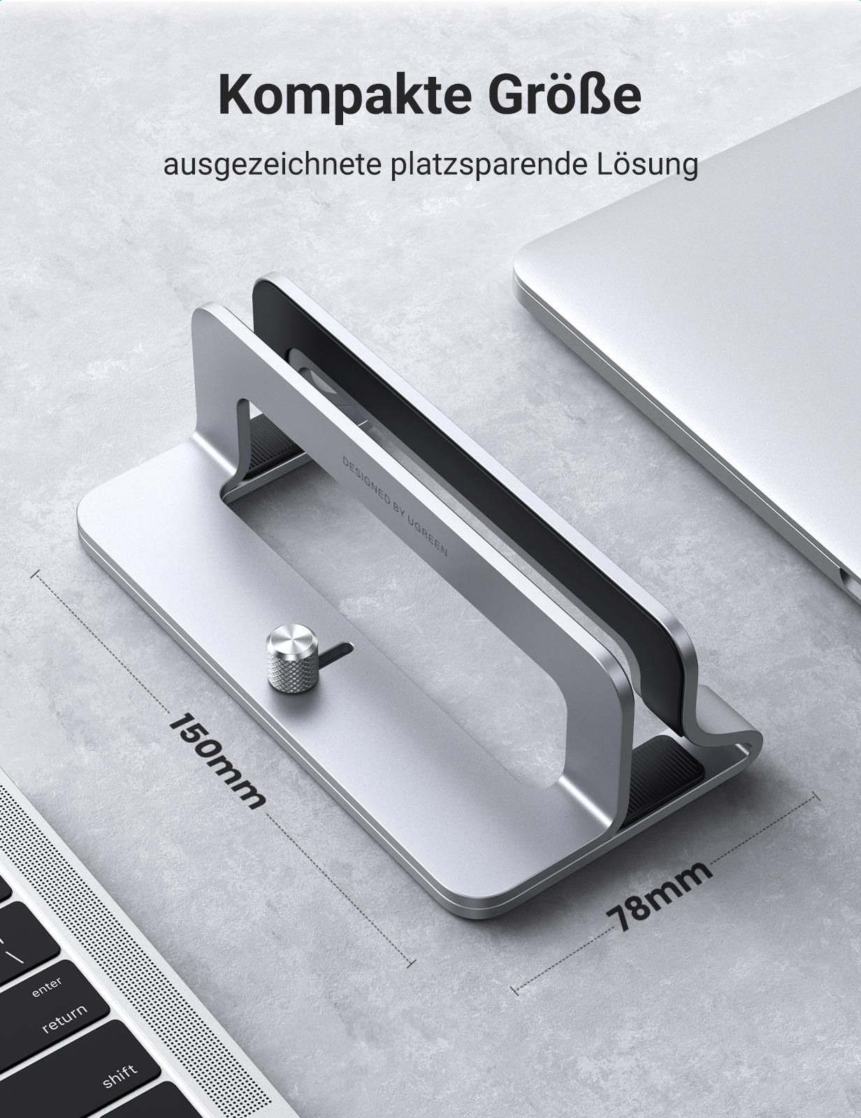 Ein silberner Laptop-Ständer mit Laptop und Maßen. Text oben.