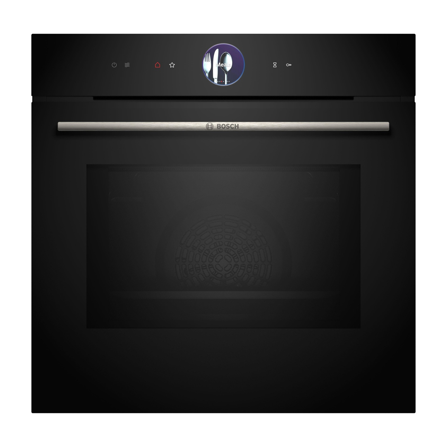 Forno a incasso nero. Pannello comandi in alto, maniglia al centro. Logo Bosch. Interno scuro.