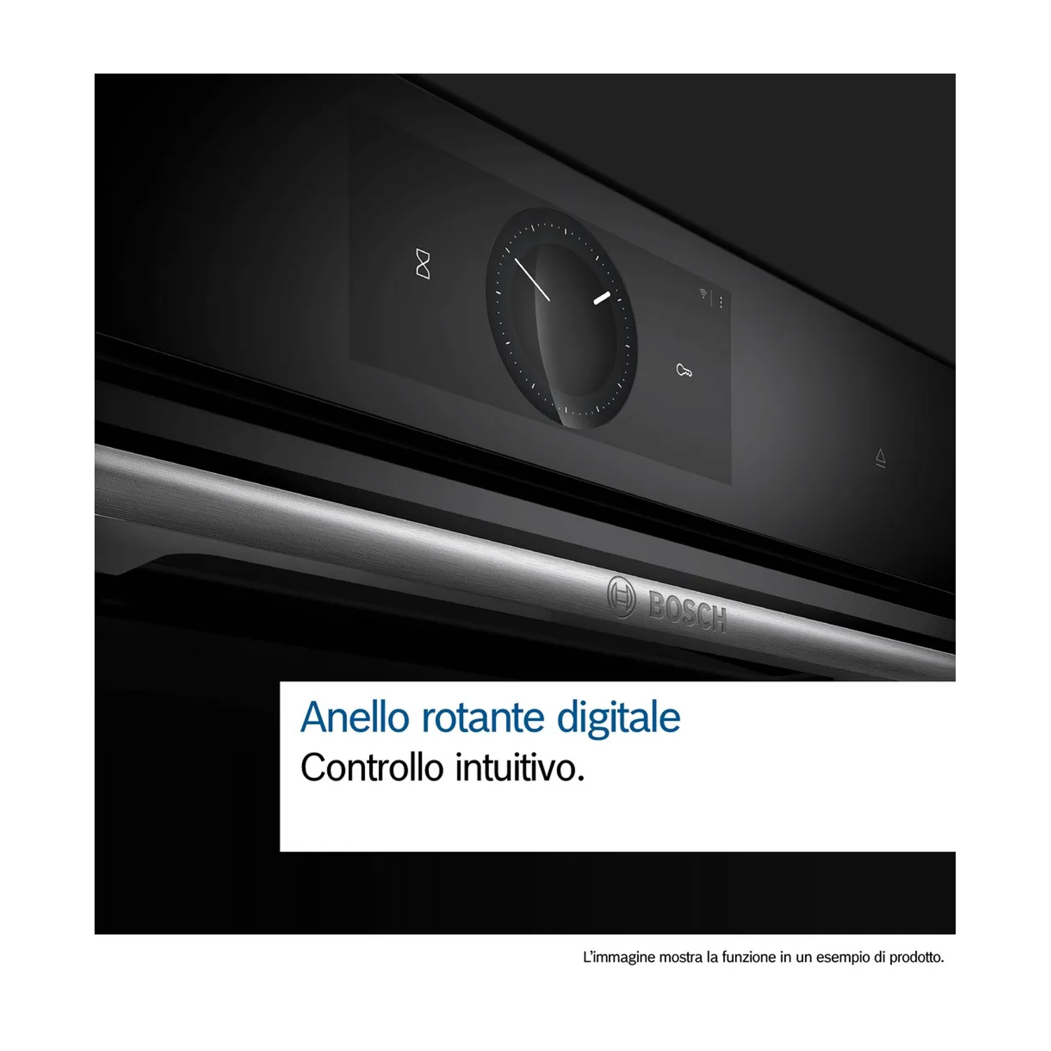 Forno nero con pannello di controllo digitale. Il pannello mostra un timer circolare e icone.