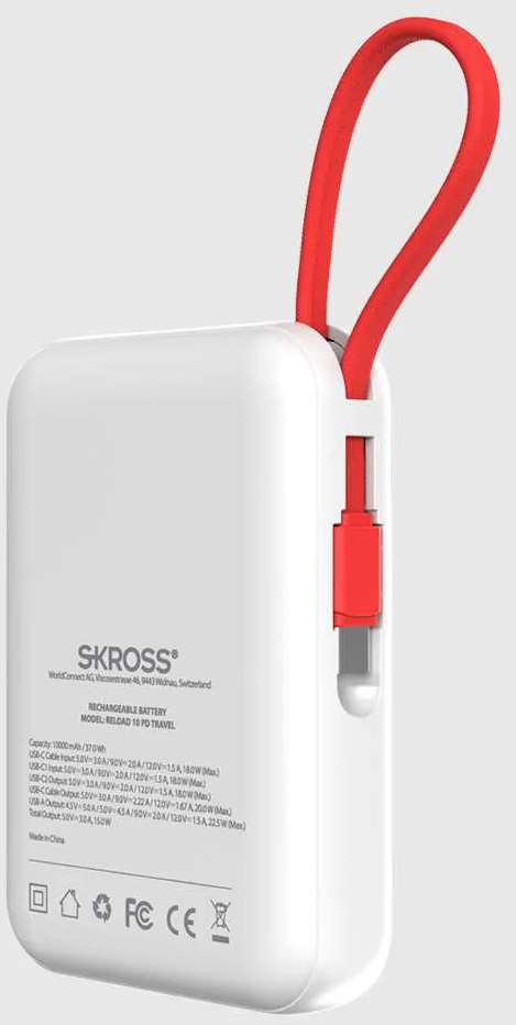 Fehér és piros power bank piros pánttal és USB-C kábellel.