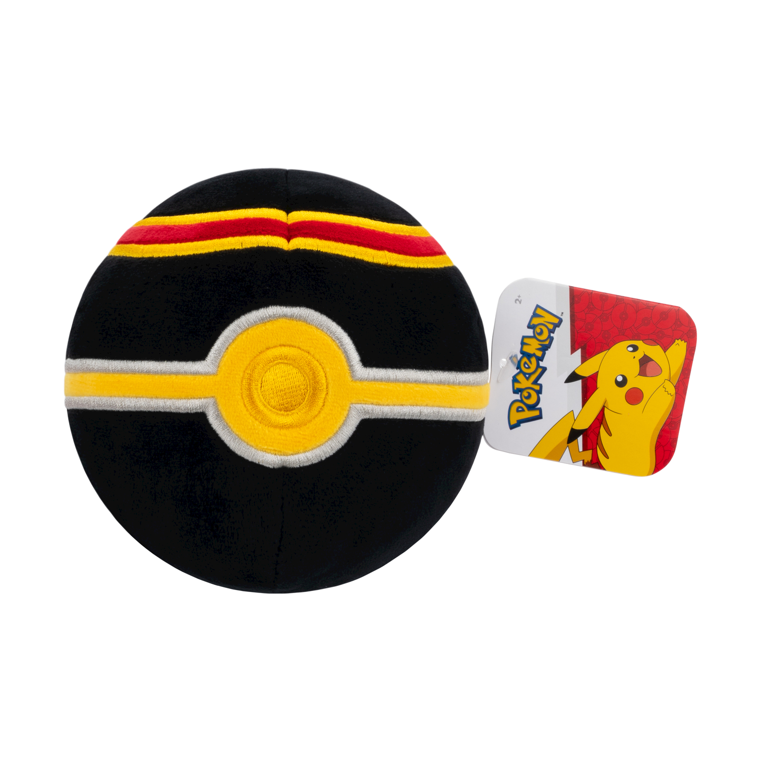 Peluche Poké Ball nero e giallo con un'etichetta con Pikachu.