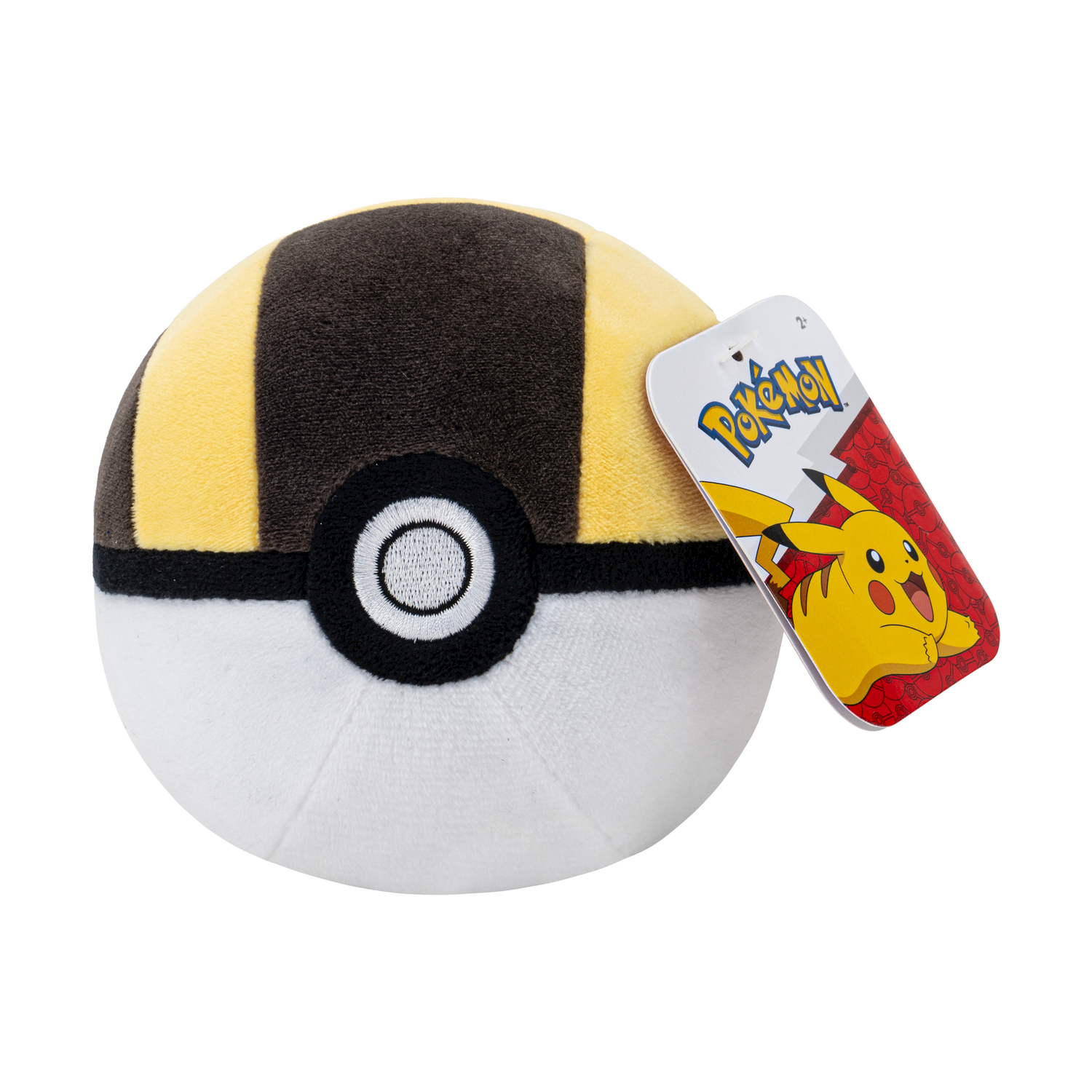 Una Poké Ball gialla e nera con un'etichetta rossa che mostra Pikachu. L'etichetta è bianca e rossa.