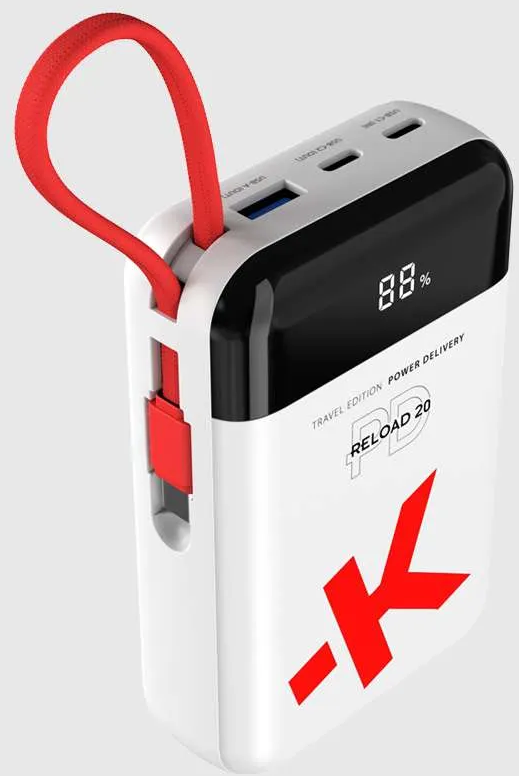 Fehér-fekete powerbank piros hurokkal és piros X-szimbólummal.