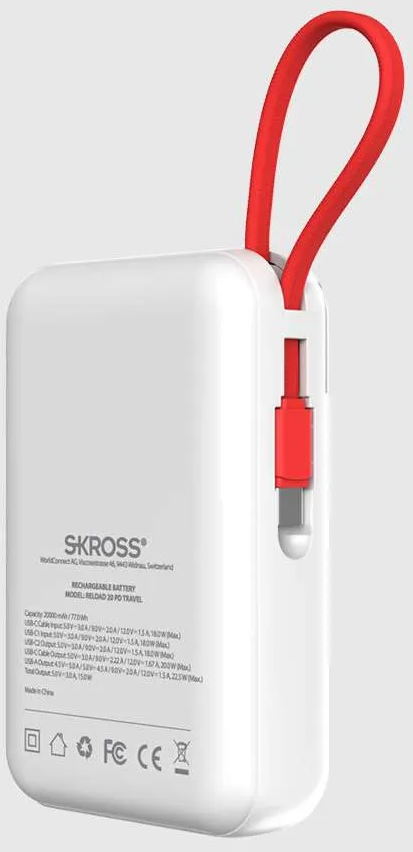Fehér power bank piros kábellel. A szöveg a márkát és a részleteket jelzi.