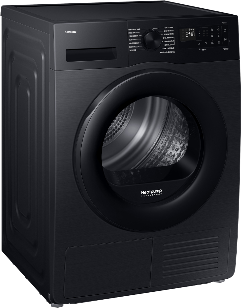 Black Samsung dryer with a round door. The background is white.