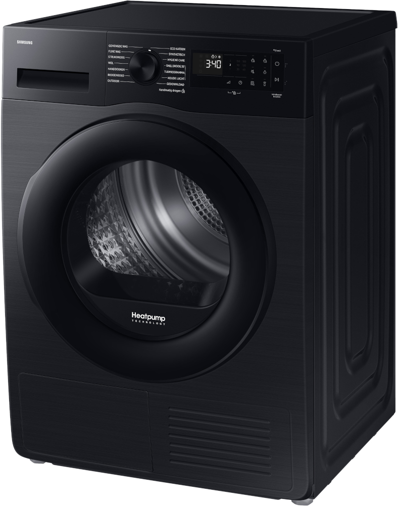 Black dryer with control panel, round door, and Samsung logo on the front.