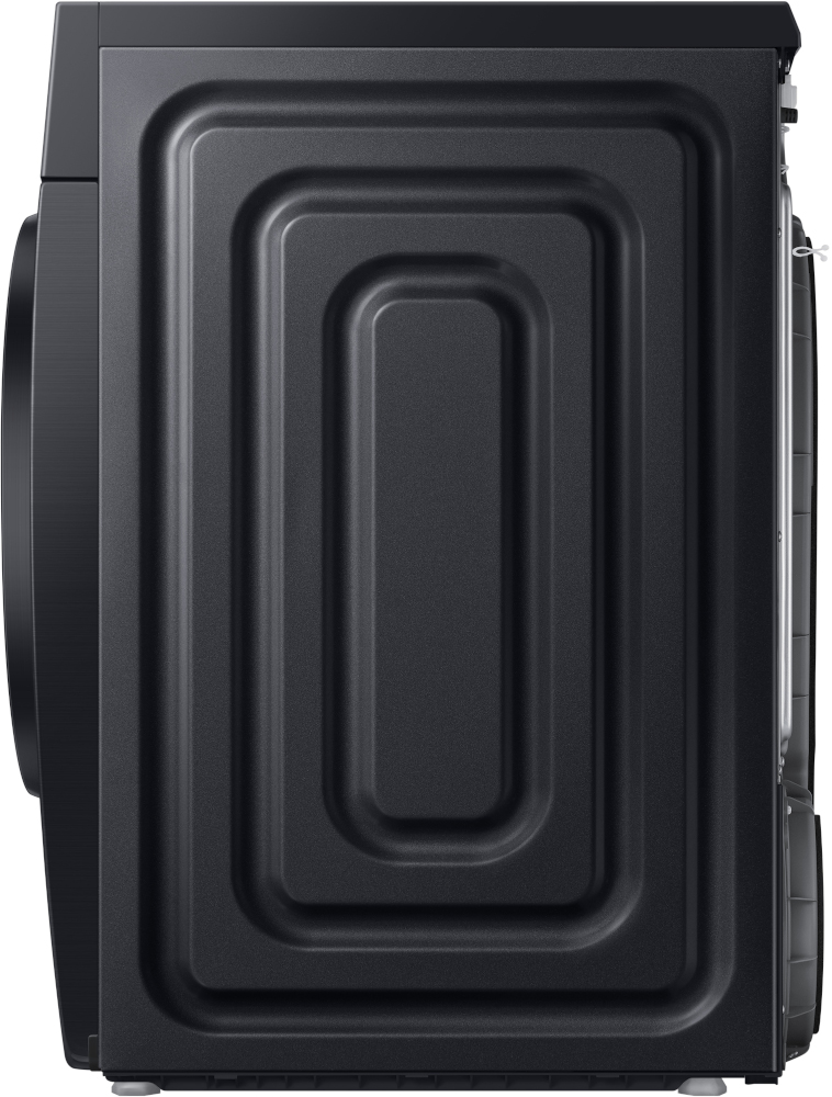 Side view of a black dryer showing textured side panel and a silver vent.