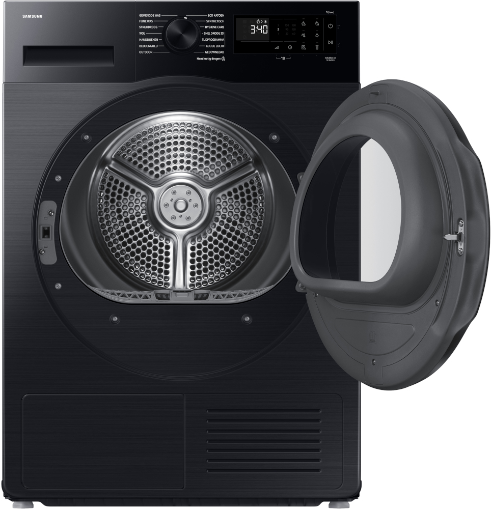 Black Samsung dryer with open door, showing the interior with a display panel.