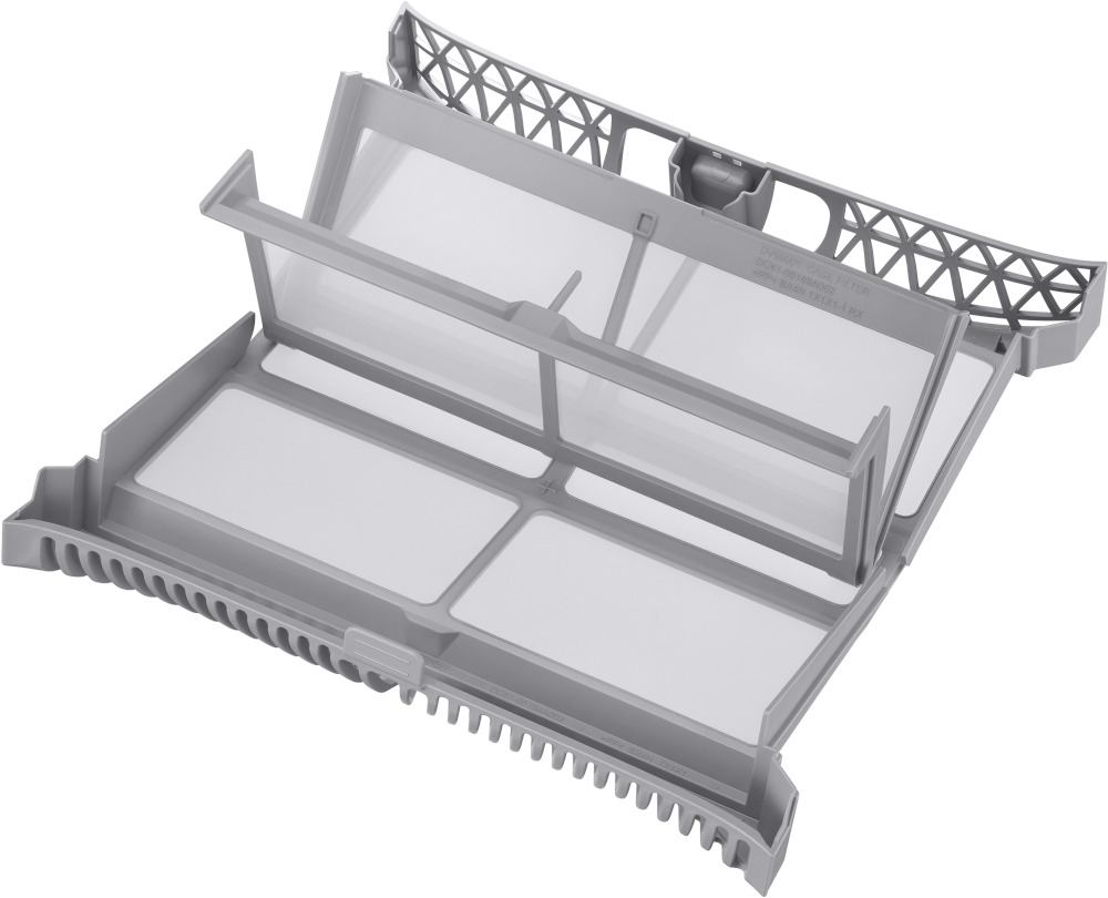 Grey dryer filter, unfolded and angled. The filter has multiple layers of mesh.
