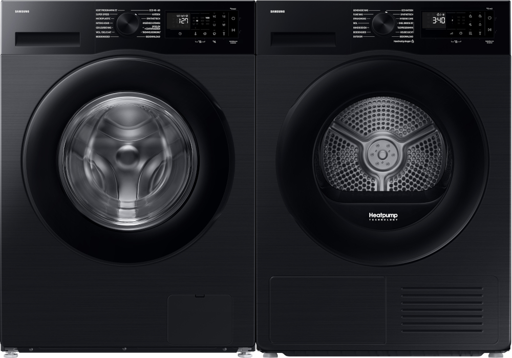 Two black washing machines are side by side. The left one is a washer, and the right is a dryer.