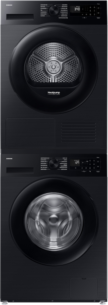 Two black washing machines stacked. Top has display. Bottom has a door.