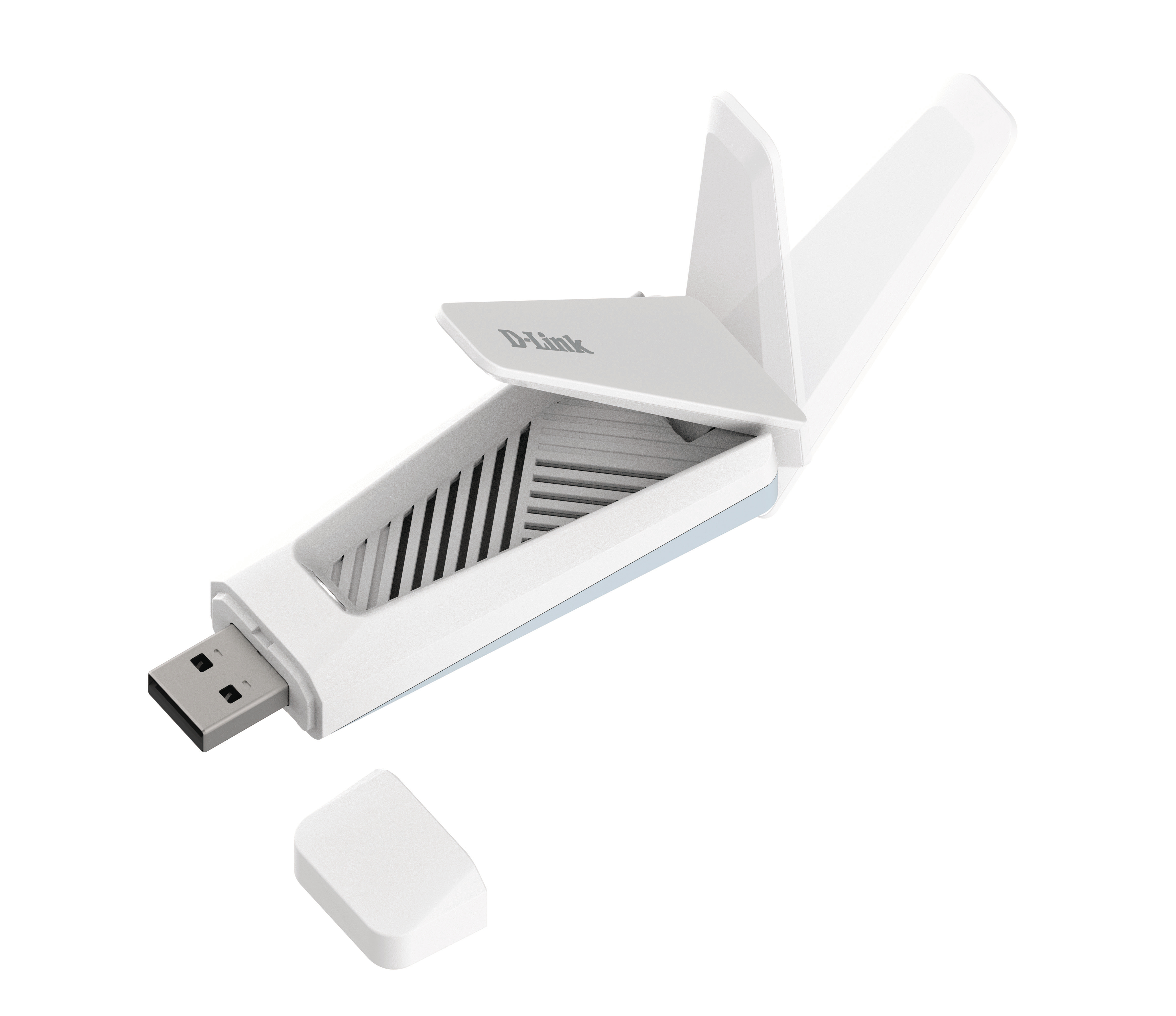 Weißer D-Link Wi-Fi USB-Adapter mit offenem, abgewinkeltem Design, auf sauberem, weißem Hintergrund.