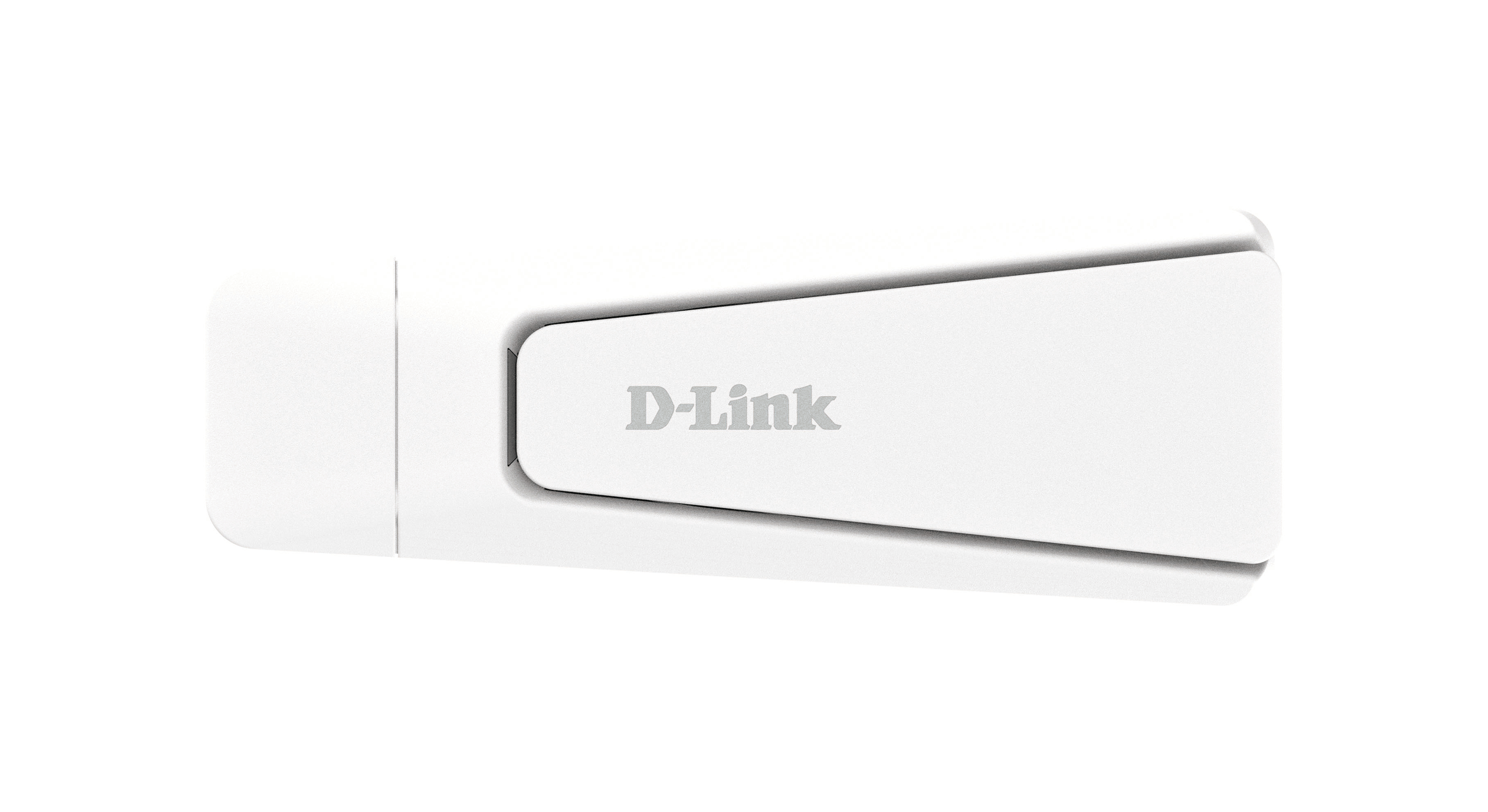 Weißer D-Link USB WLAN-Adapter, Draufsicht, auf weißem Hintergrund, einfaches Design.