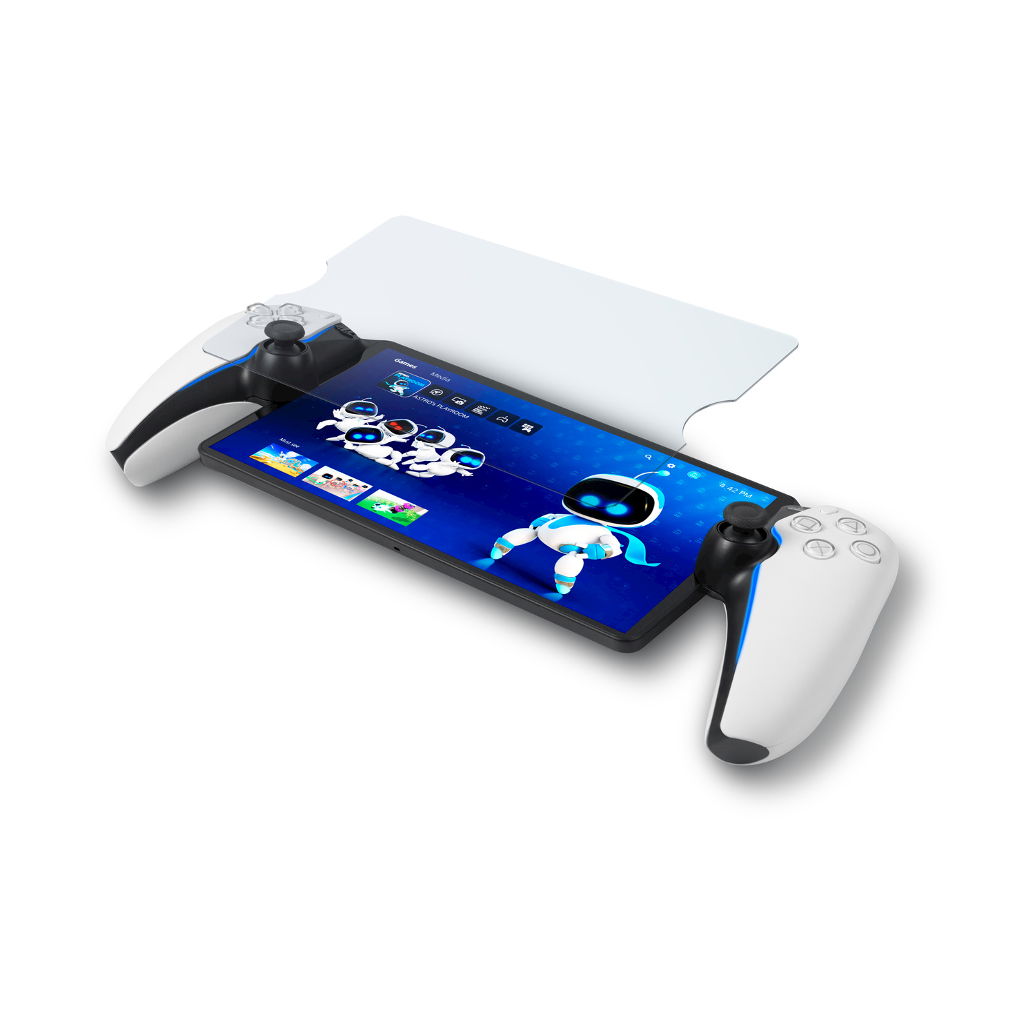 Una console di gioco portatile con uno schermo che mostra un gioco e controller collegati.
