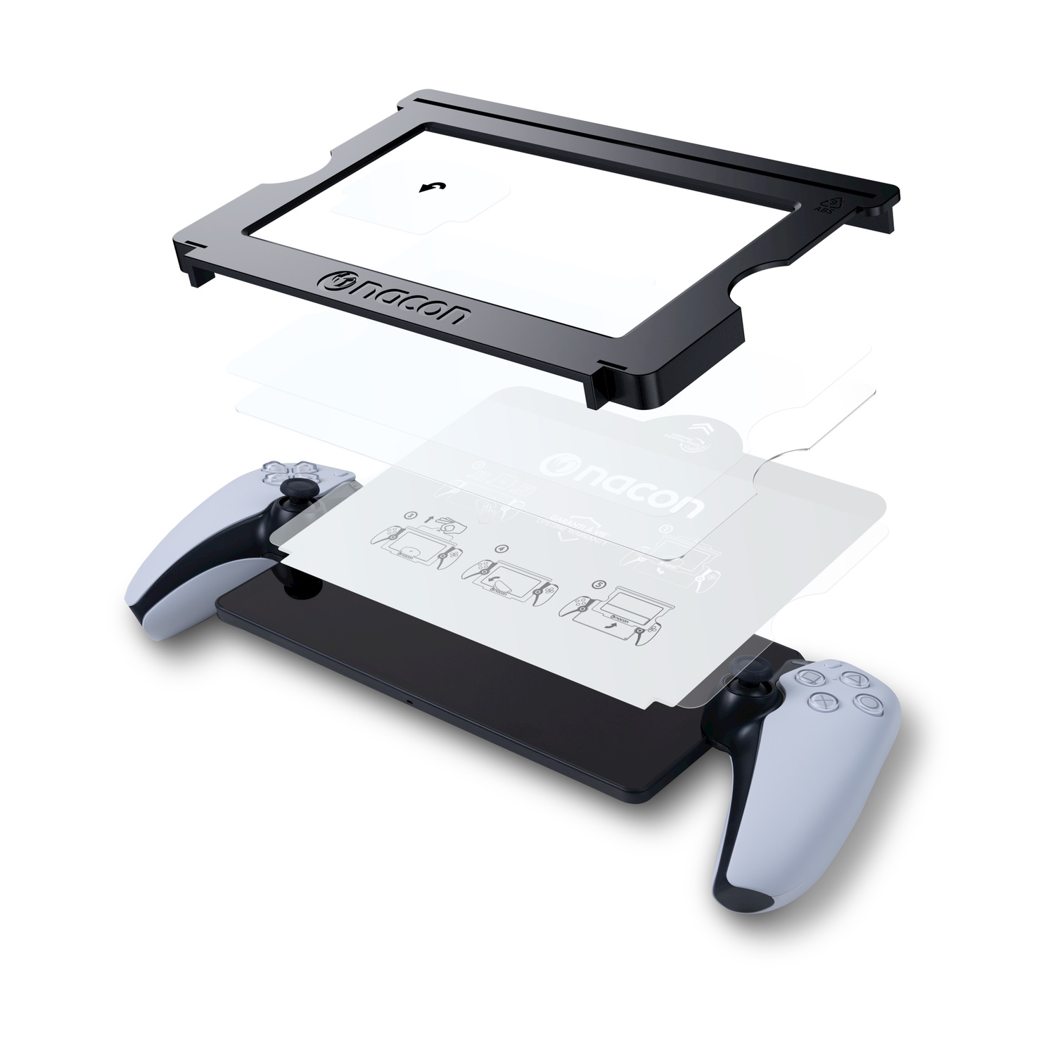 Vista esplosa di un gamepad bianco e nero, protezione schermo e cornice nera.