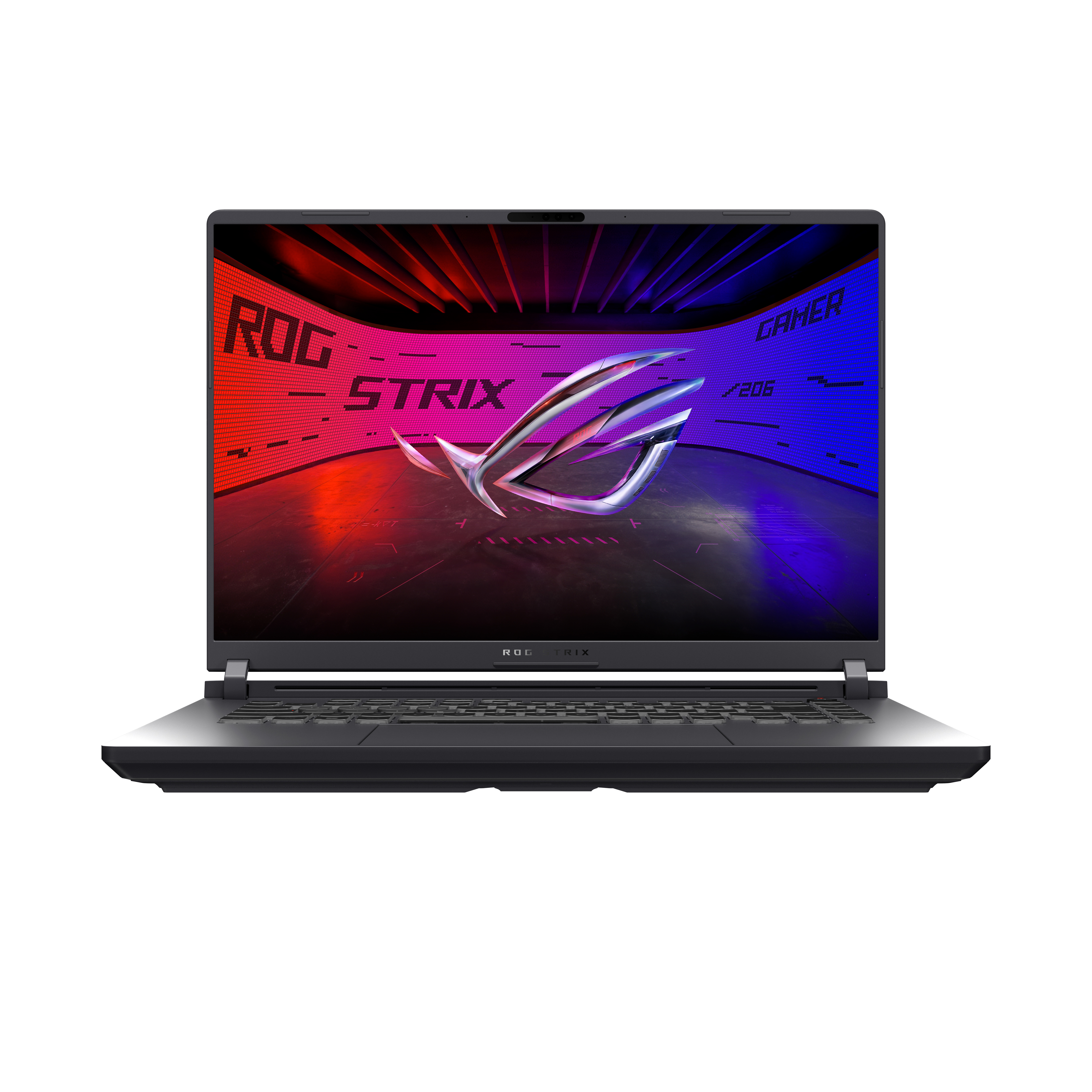 Siyah dizüstü bilgisayar açık, ekranda ROG Strix logosu, kırmızı ve mavi aydınlatma. Altında klavye görünüyor.