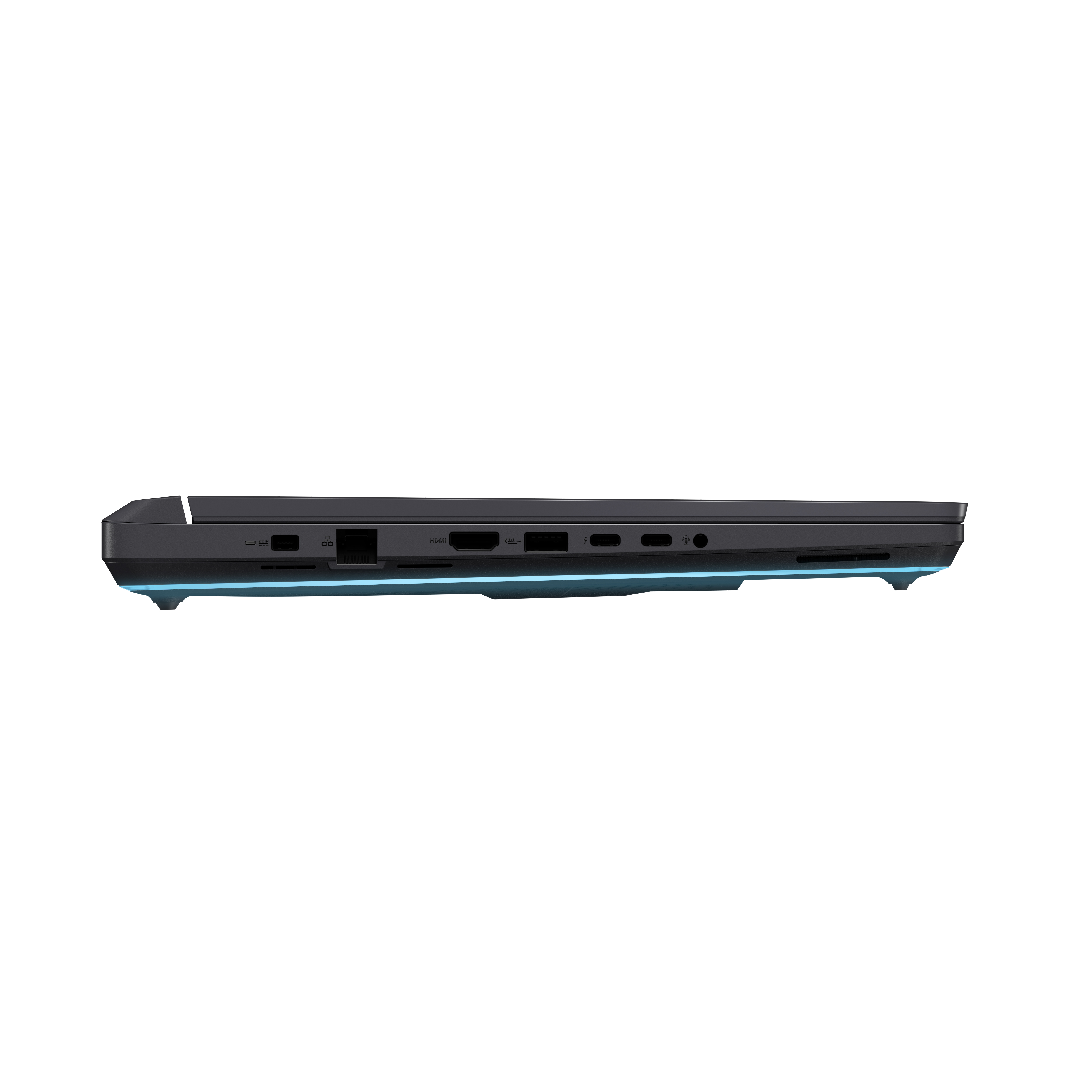 Siyah bir dizüstü bilgisayarın yan görünümü, bağlantı noktaları görünür. Altında mavi ışık. Bağlantı noktaları arasında SD kart, USB ve HDMI bulunur.