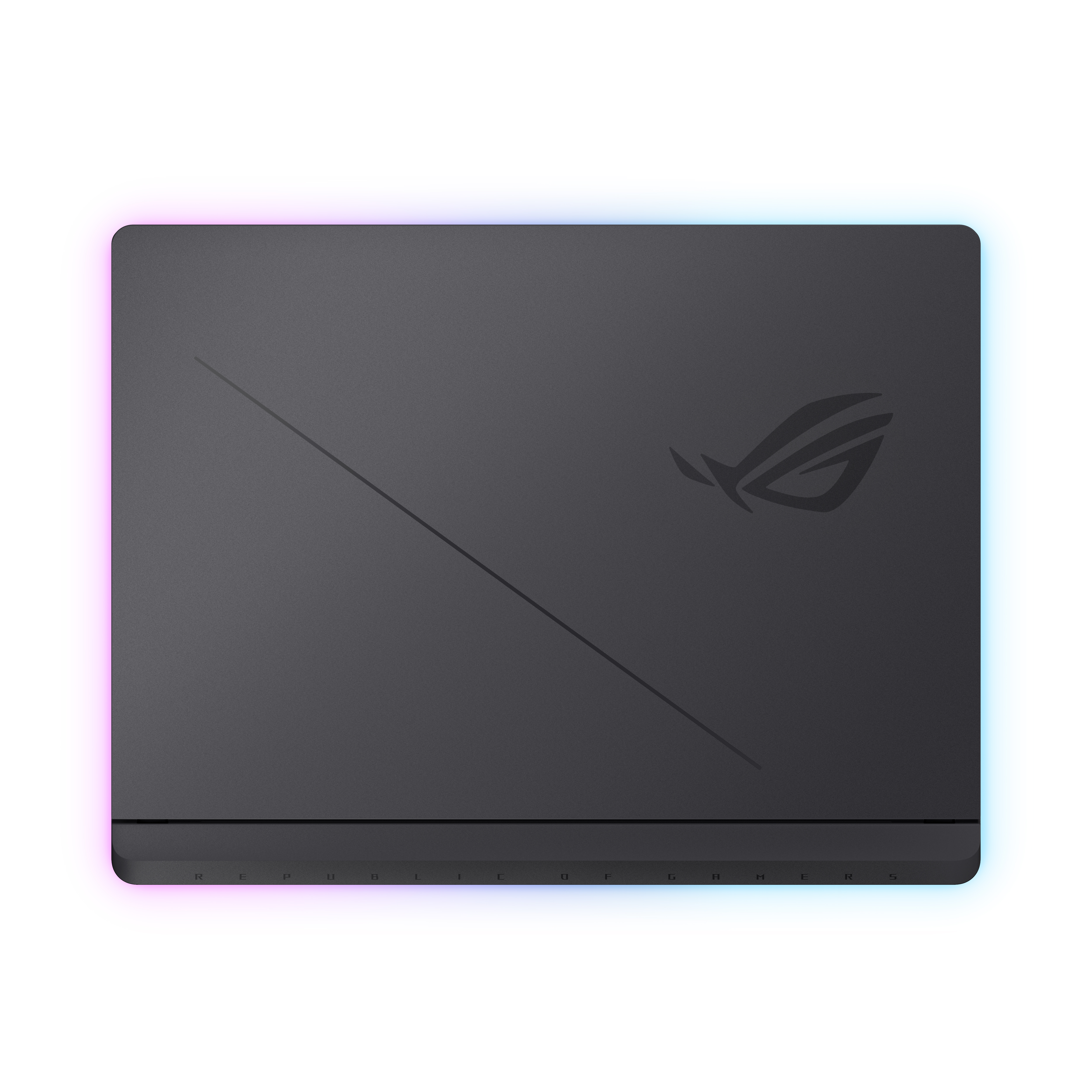 ROG logosu ve çapraz çizgiye sahip koyu gri bir dizüstü bilgisayar. Parlayan bir kenarı var.