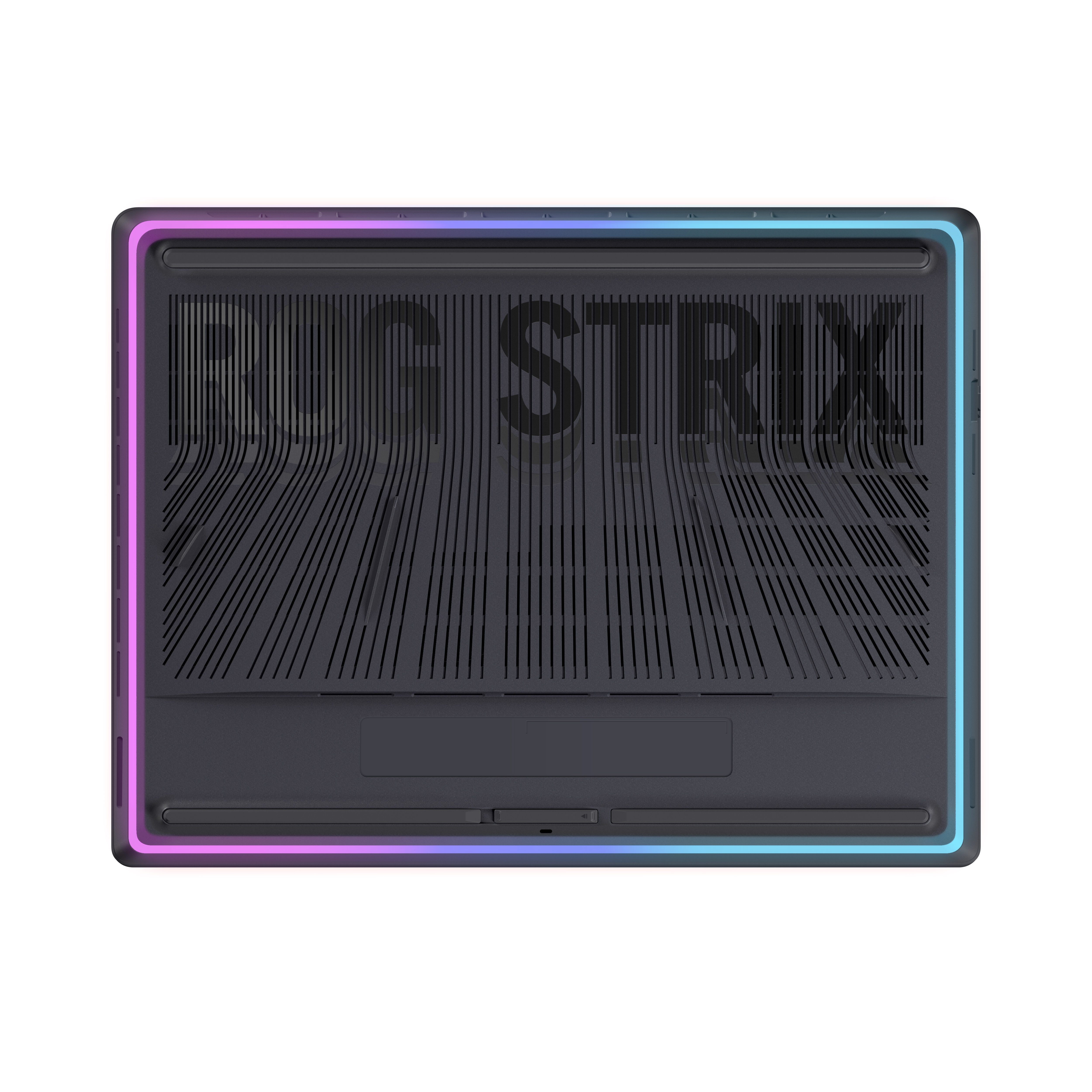 RGB aydınlatmalı dizüstü bilgisayarın alt kısmı. 'ROG STRIX' marka adını ve havalandırma ızgaralarını içerir. Çerçevede renkli LED'ler var.