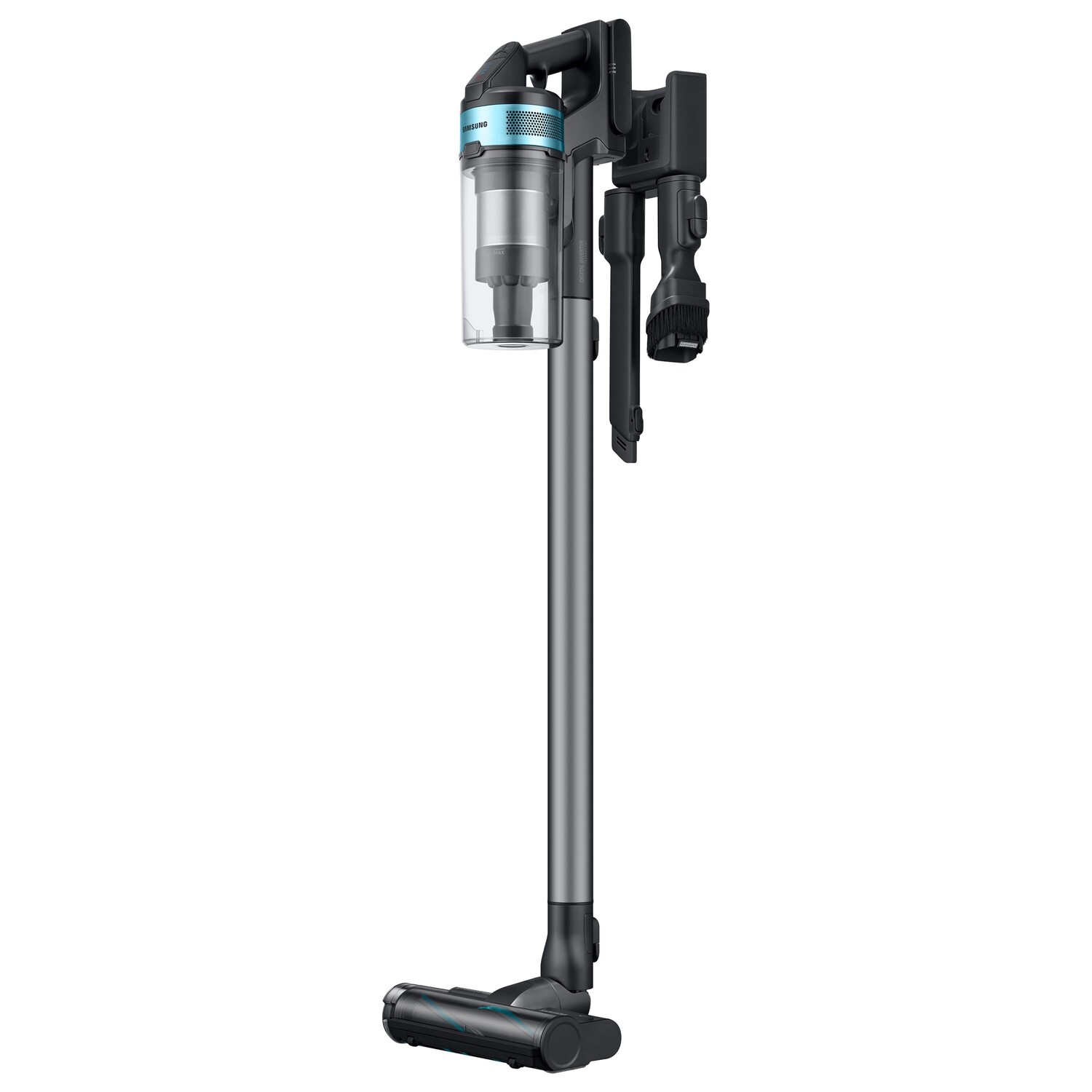 Un aspirateur vertical avec un design bleu et argenté, plusieurs accessoires et un récipient à poussière transparent.