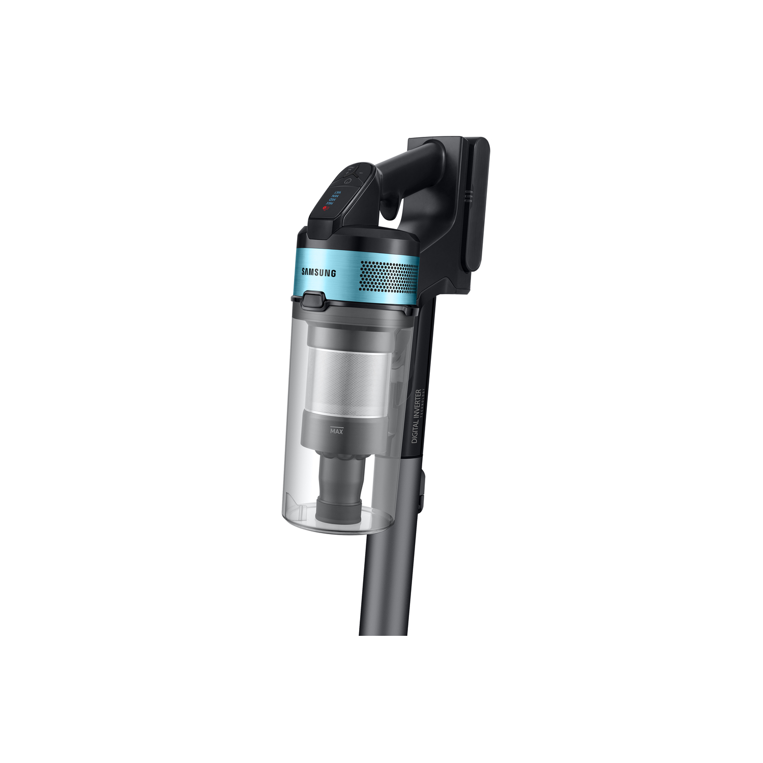 Aspirateur sans fil noir et cyan avec un réservoir à poussière transparent et un affichage numérique.