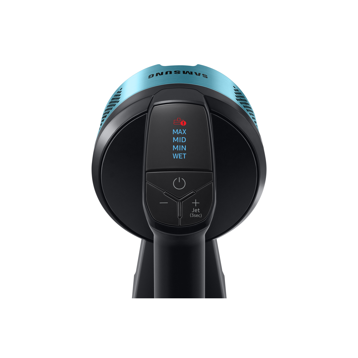 Aspirateur noir et bleu avec boutons de commande.