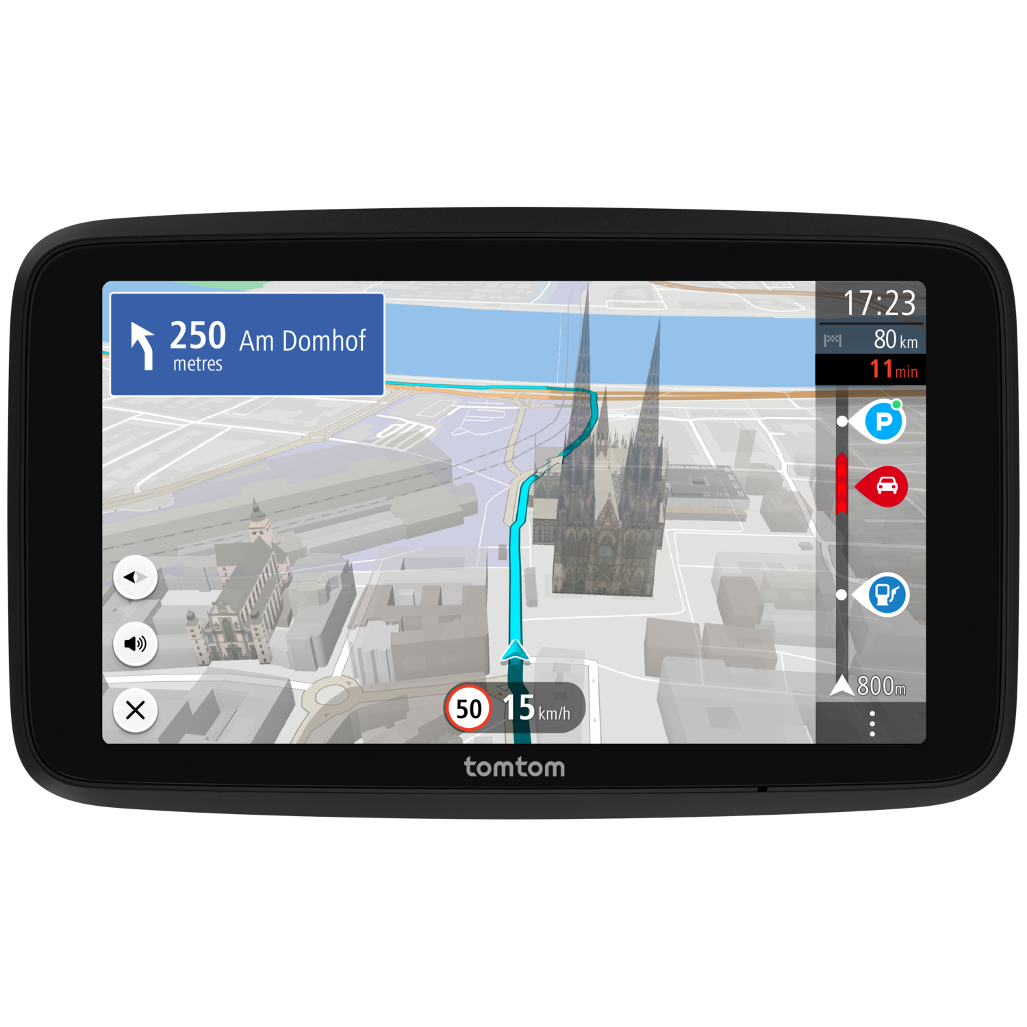 TomTom GPS-apparaat met een kaart en route. Het scherm toont tijd en afstand.