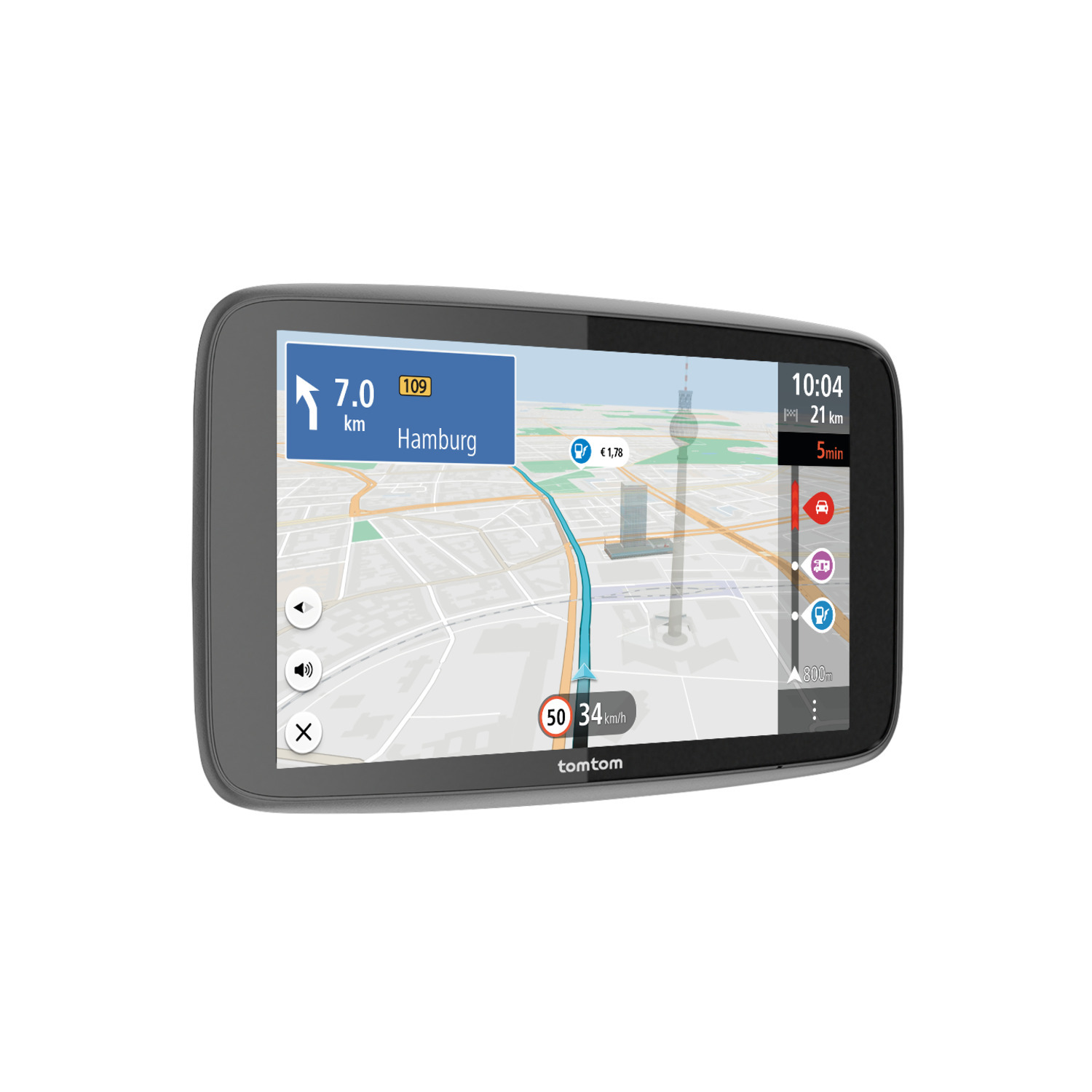 GPS-apparaat met kaart en route-informatie. Het GPS-apparaat staat op een wit oppervlak.