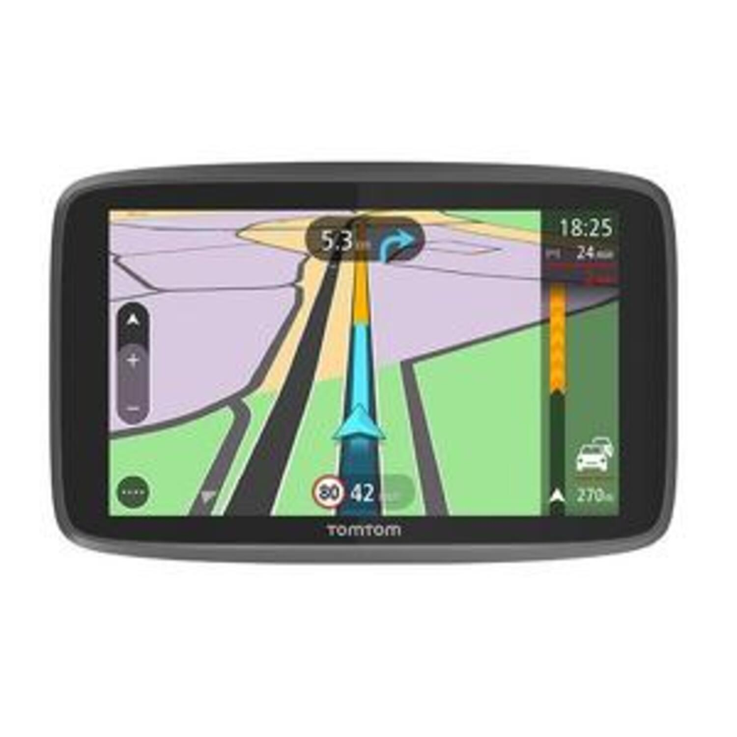 GPS-apparaat met een wegenkaart, snelheidslimiet en navigatie-instructies.